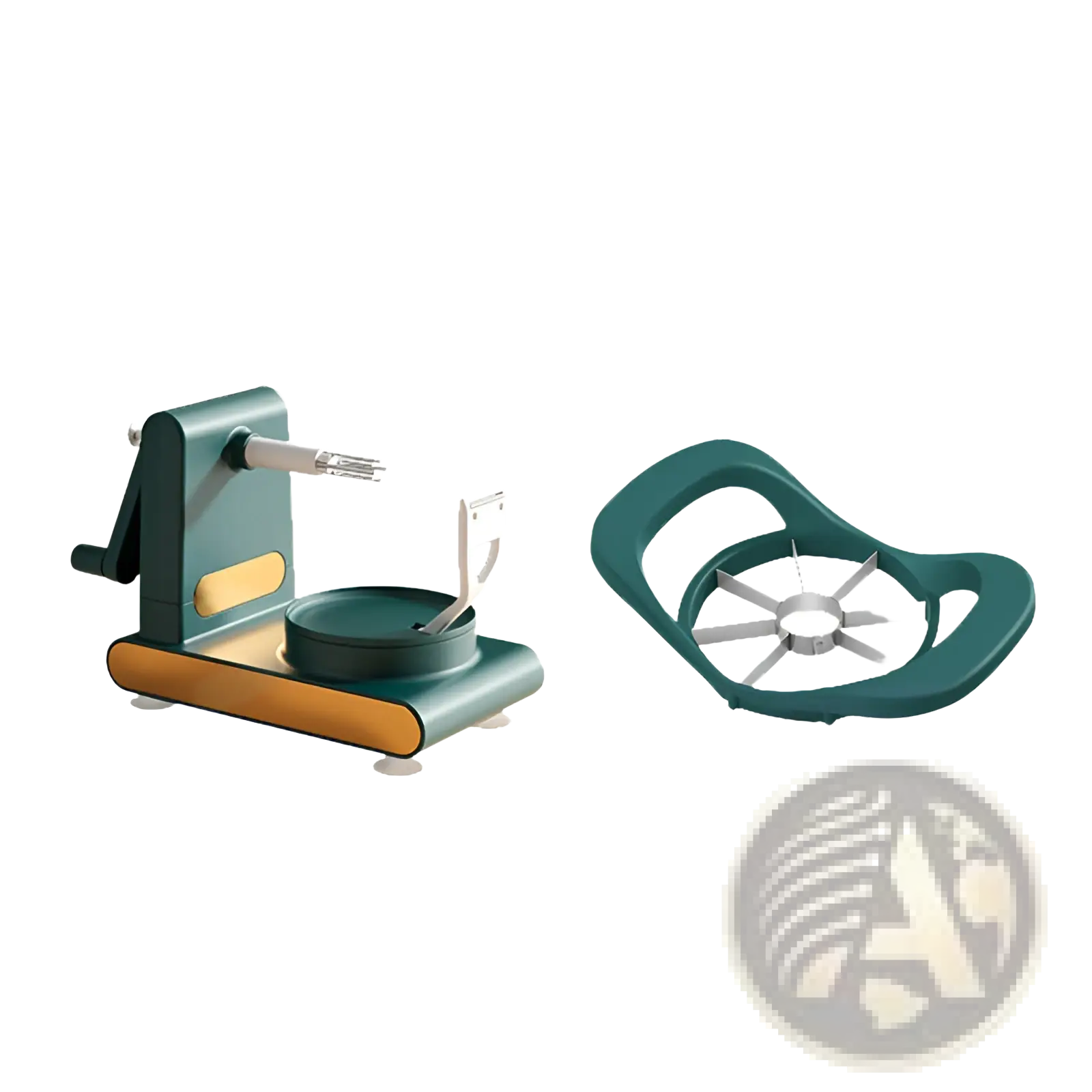 Multifunctional teal and gold apple peeler and slicer tool kit with hand crank and detachable star-shaped cutting blade