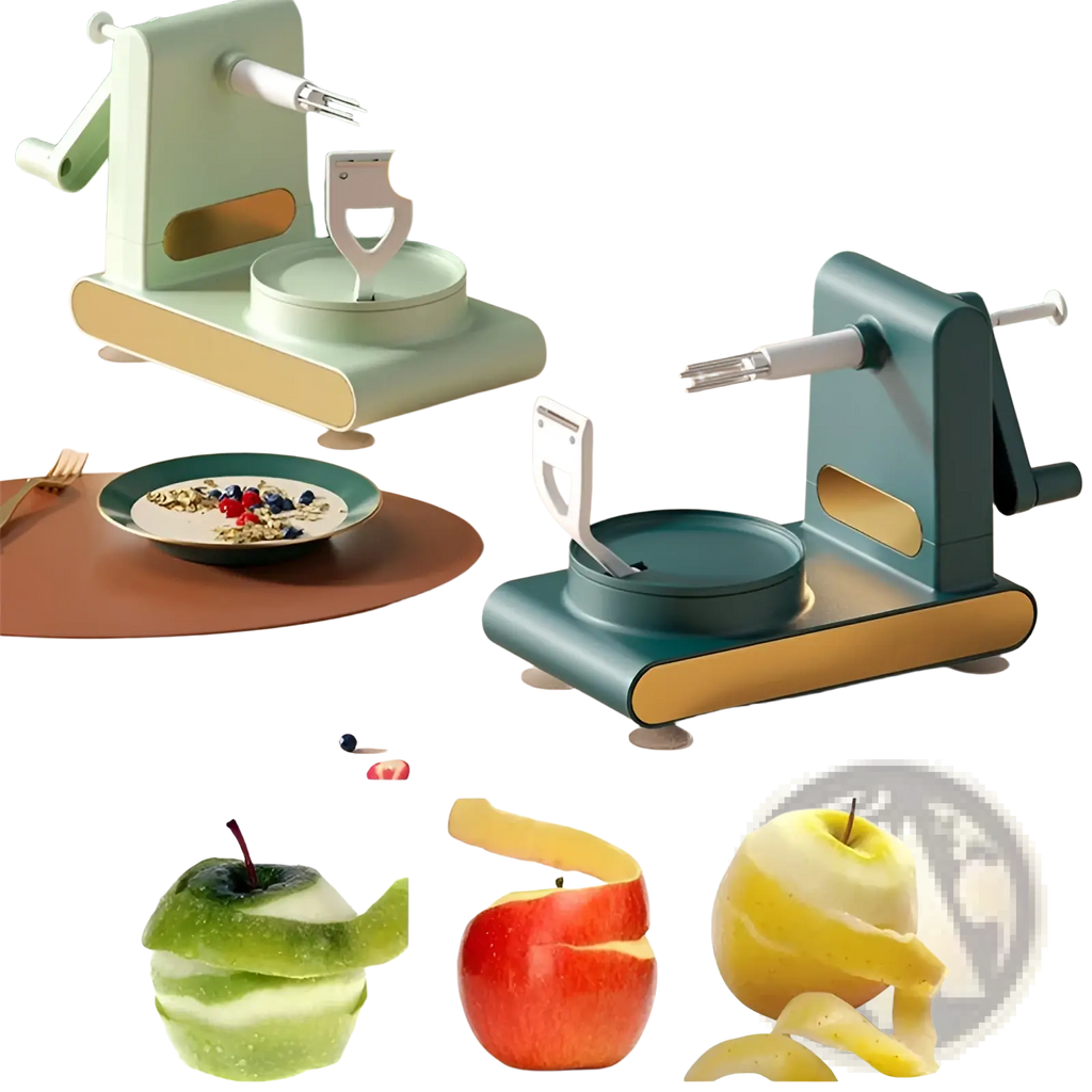 Modern teal and gold multifunctional apple peeler and slicer with sleek ergonomic design for fast thin peeling