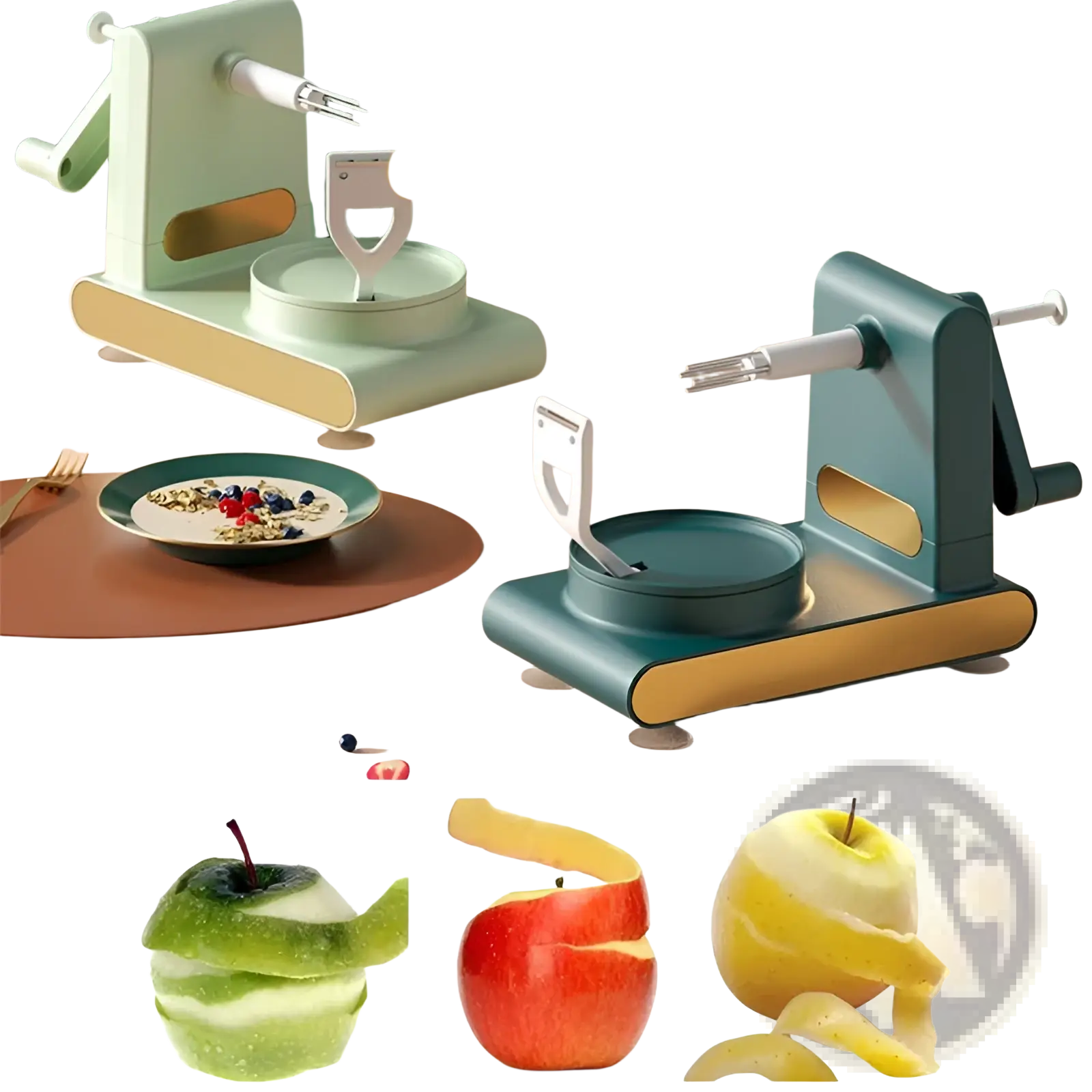 Modern teal and gold multifunctional apple peeler and slicer with sleek ergonomic design for fast thin peeling