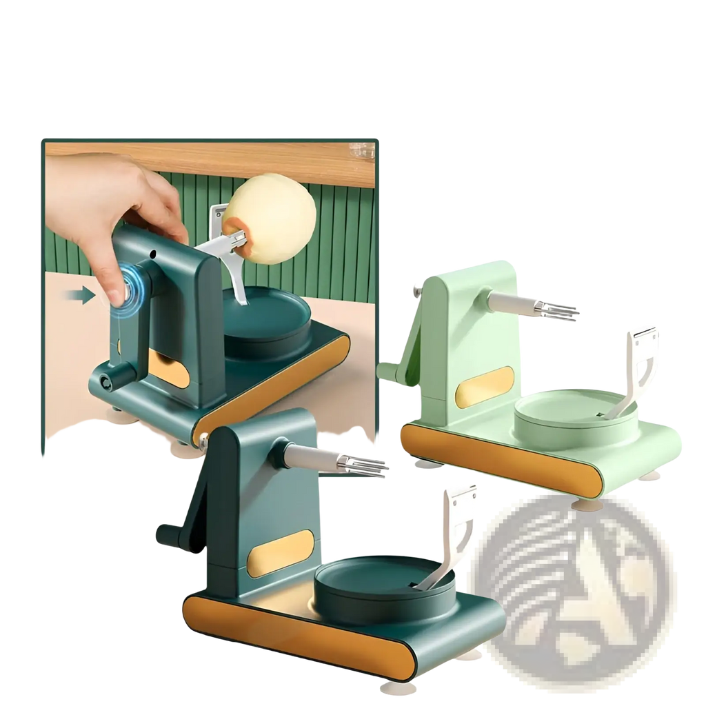 Multifunctional apple peeler and slicer tool kit in dark green and mustard yellow with sleek modern tank design