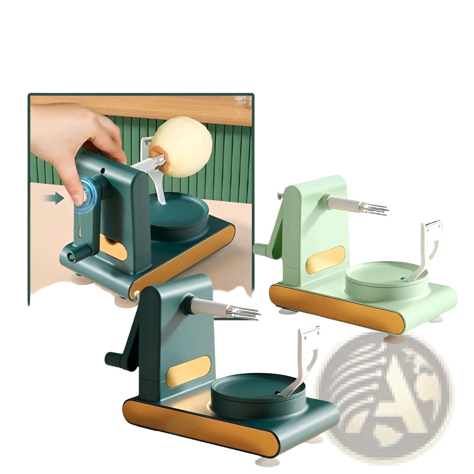Multifunctional apple peeler and slicer tool kit in dark green and mustard yellow with sleek modern tank design
