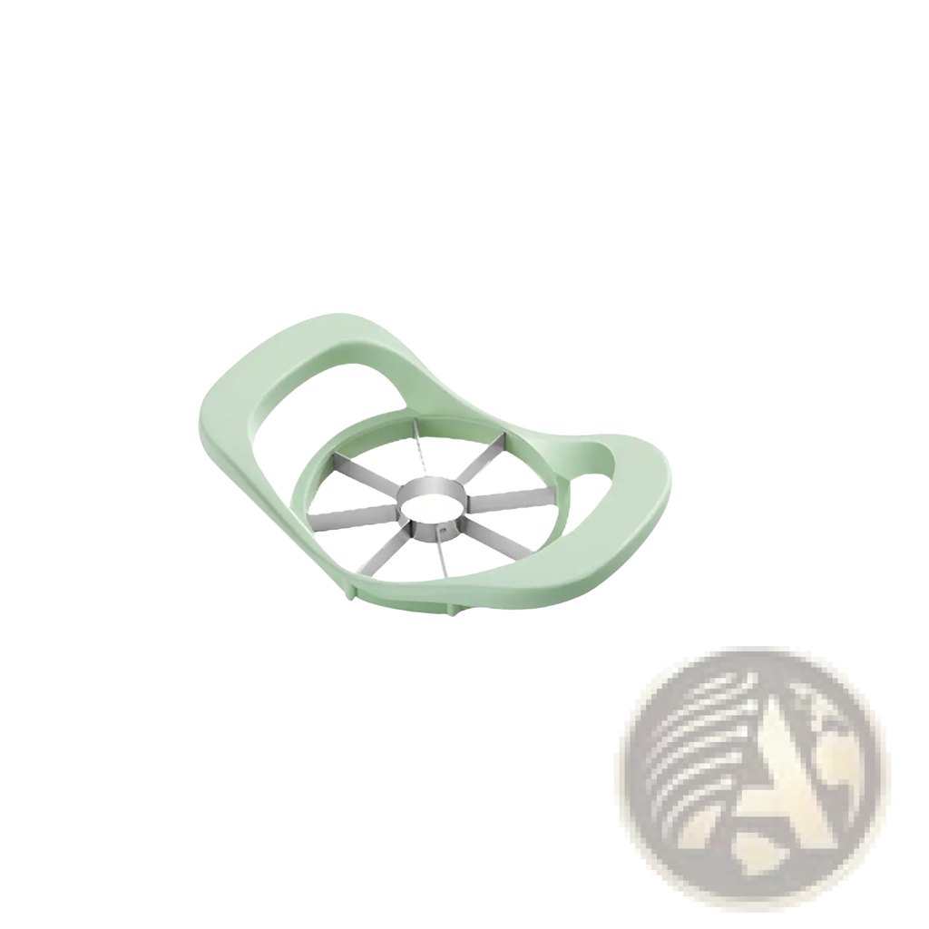 Multifunctional apple peeler and slicer tool kit featuring a light green plastic body with stainless steel cutting blades