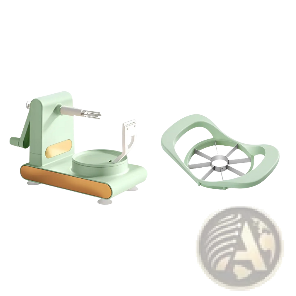 Multifunctional apple peeler and slicer tool kit with mint green hand-cranked base and segmented metal cutting wheel