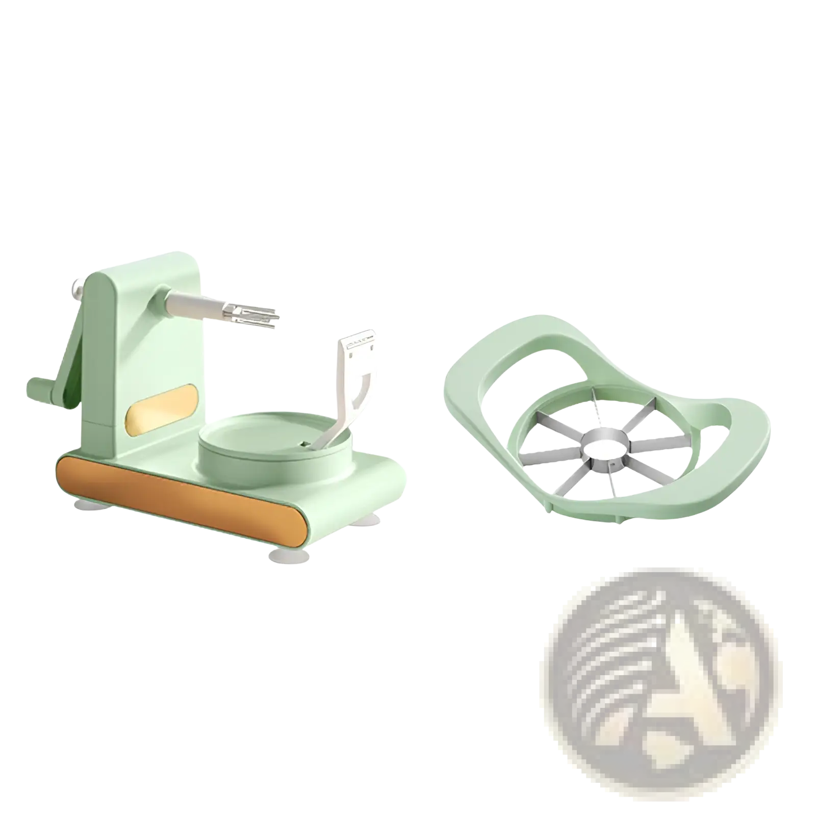 Multifunctional apple peeler and slicer tool kit with mint green hand-cranked base and segmented metal cutting wheel