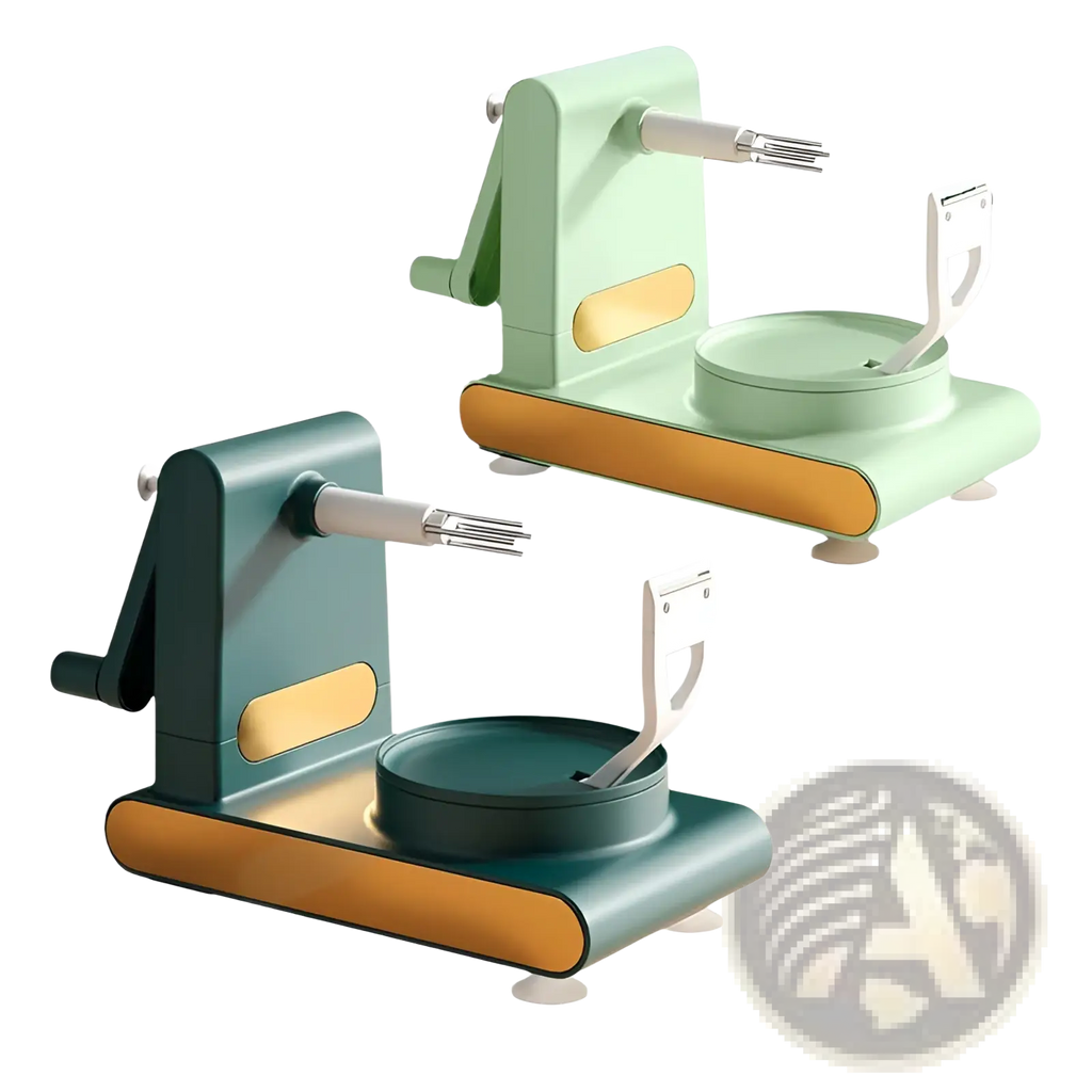 Multifunctional apple peeler and slicer tool kit with mint green and dark teal manual peeler featuring gold accents