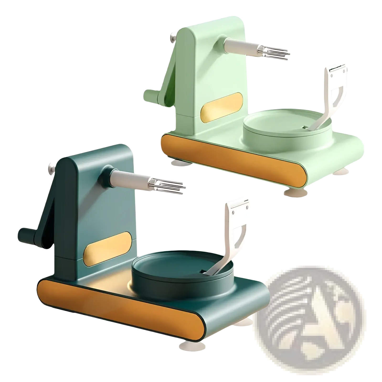 Multifunctional apple peeler and slicer tool kit with mint green and dark teal manual peeler featuring gold accents