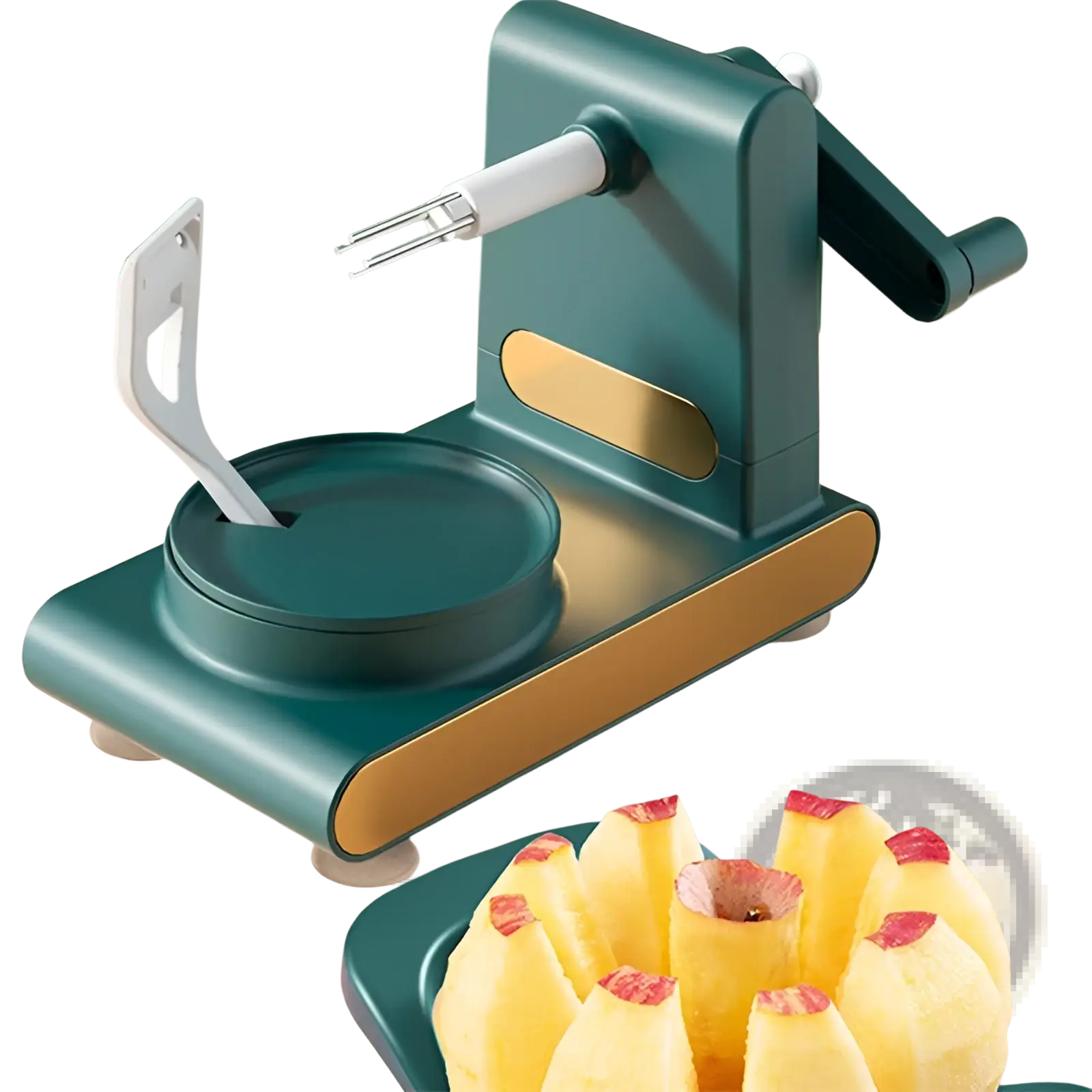 Multifunctional apple peeler and slicer tool kit in teal and gold with a crank handle and built-in spoon accessory