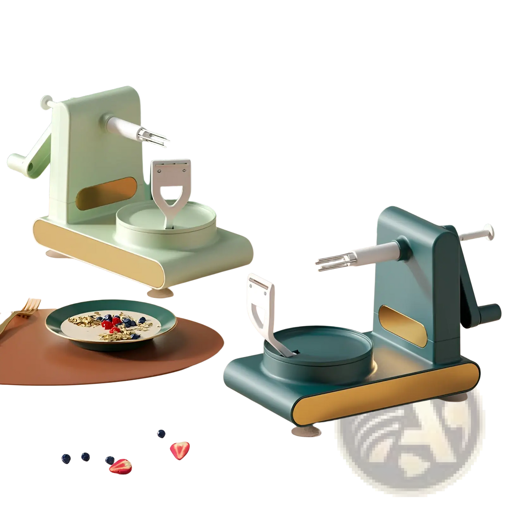 Two pastel-colored multifunctional apple peeler and slicer machines with matte bodies and gold-accented bases