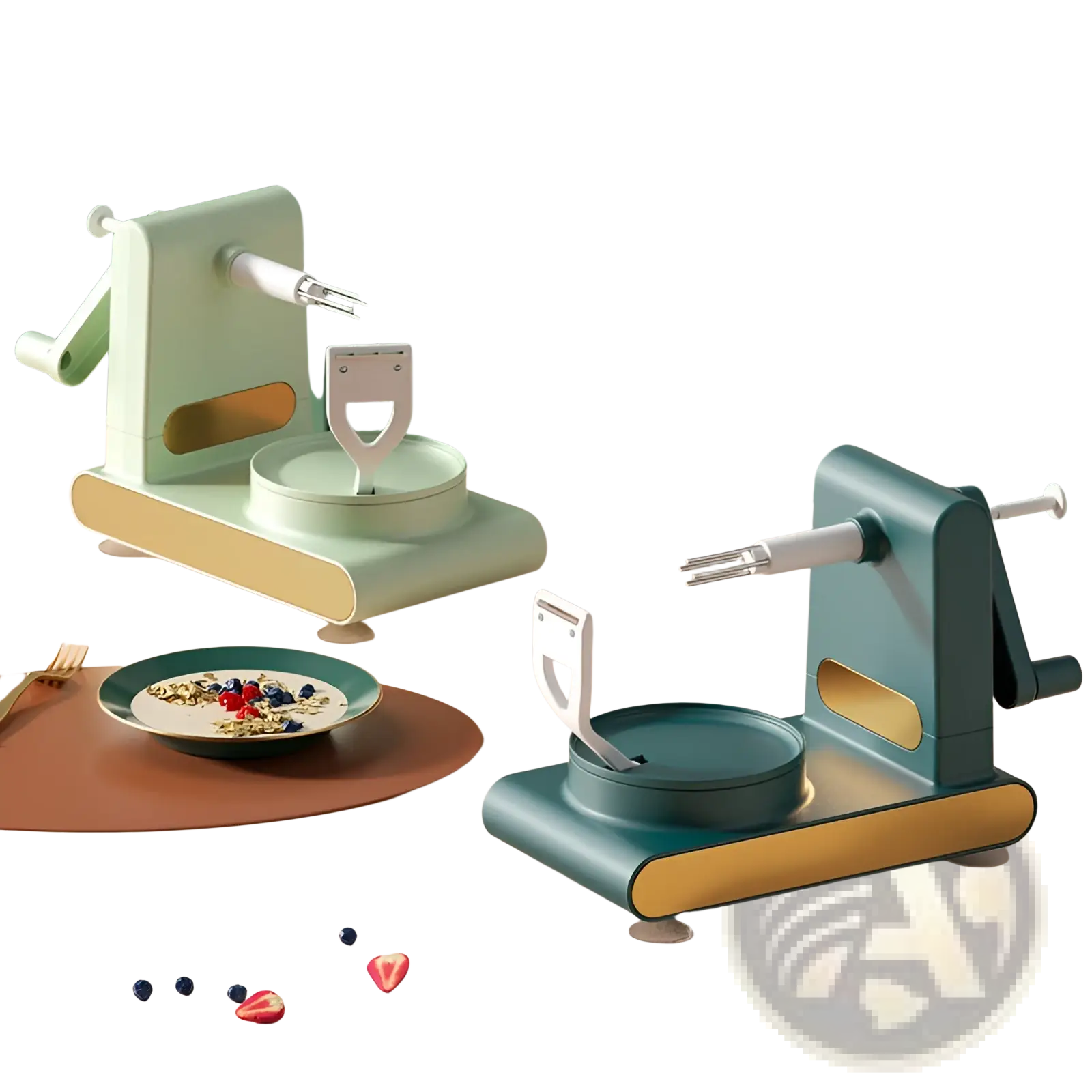 Two pastel-colored multifunctional apple peeler and slicer machines with matte bodies and gold-accented bases