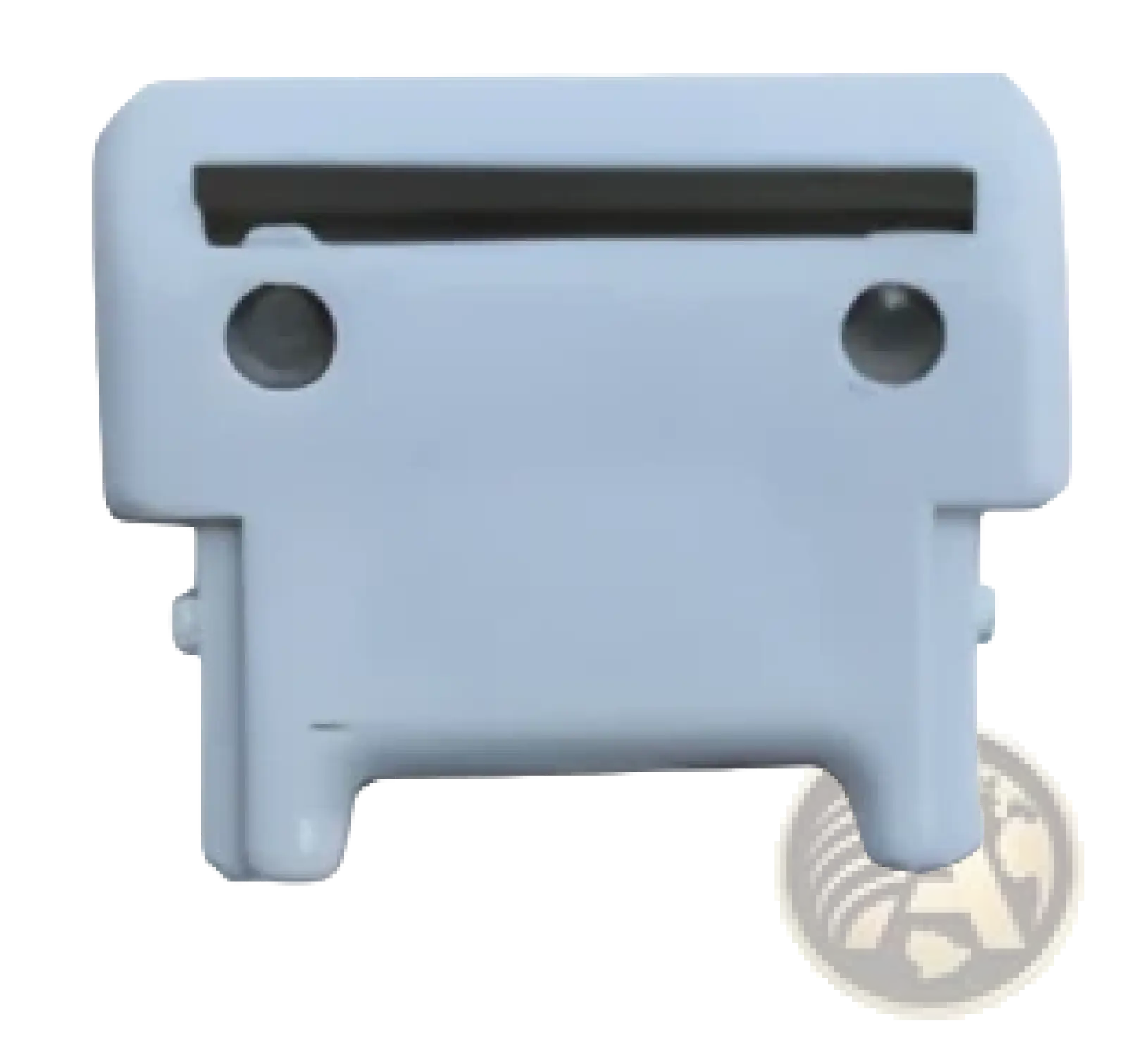 Light gray plastic connector with two circular holes and a rectangular slot for multifunctional apple peeler and slicer tool kit