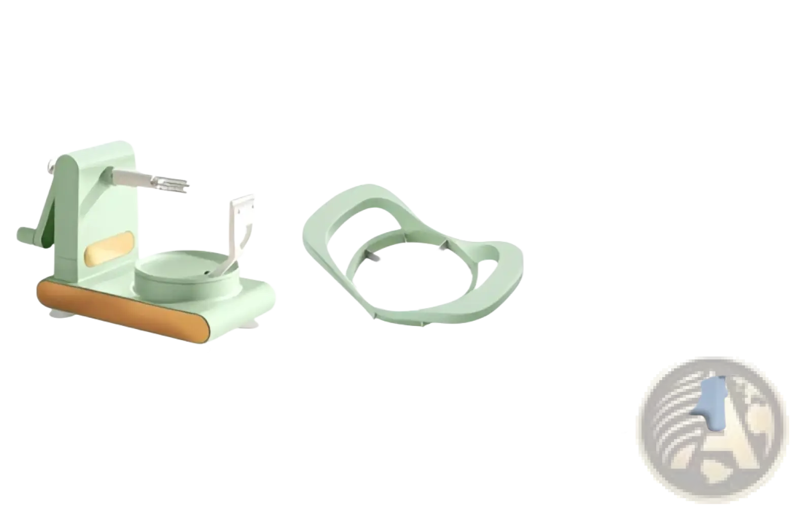 Multifunctional apple peeler and slicer tool kit featuring a mint green apple slicer with wooden base and metal wheel