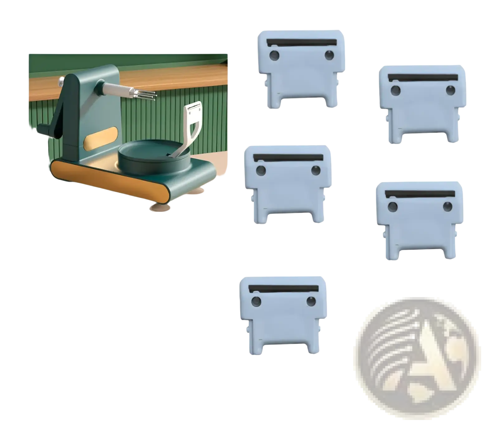 Multifunctional apple peeler and slicer tool kit featuring a teal and beige manual burger flipper with white handle