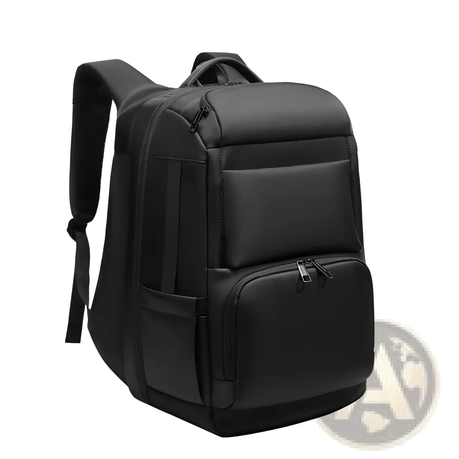 Multifunctional black nylon laptop backpack with multiple zippered compartments and padded shoulder straps for business and travel