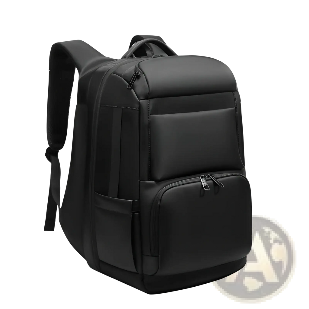Multifunctional black nylon laptop backpack with multiple zippered compartments and padded shoulder straps for business and travel