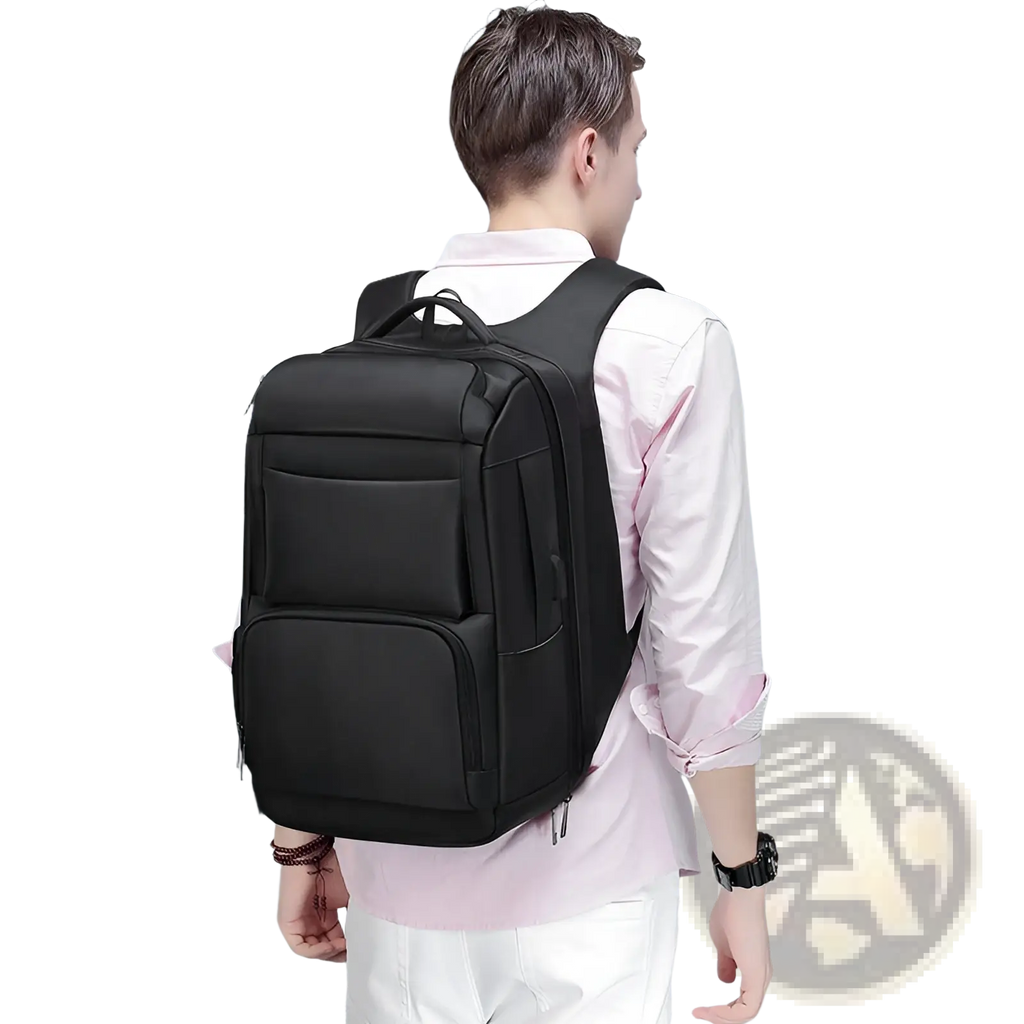 Multifunctional black nylon laptop backpack with multiple zippered compartments and padded shoulder straps for business and travel