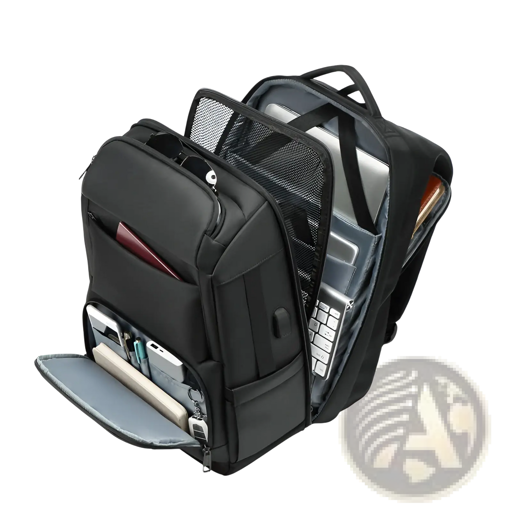Multifunctional black nylon laptop backpack with multiple compartments and mesh lining for business and travel use
