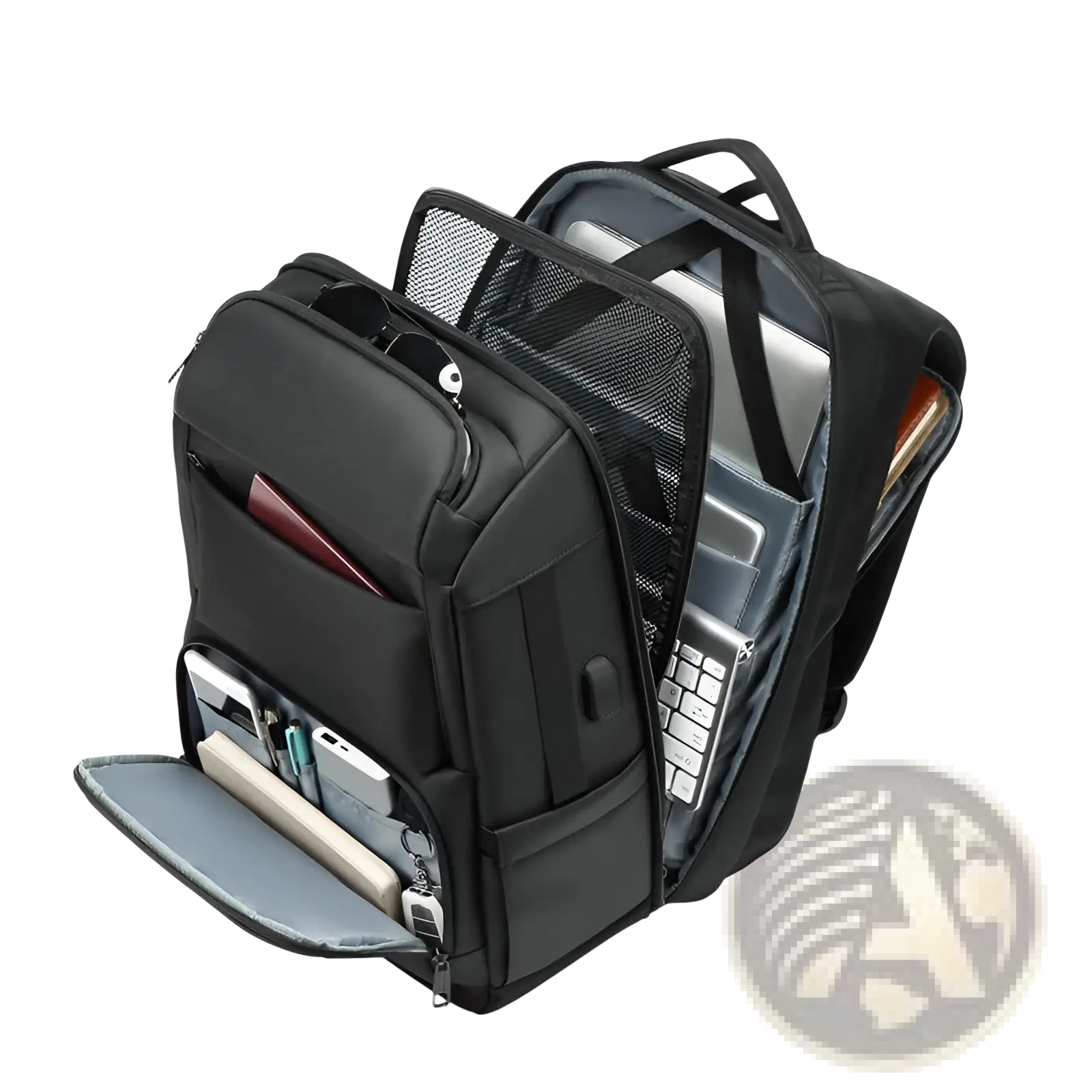 Multifunctional black nylon laptop backpack with multiple compartments and mesh lining for business and travel use