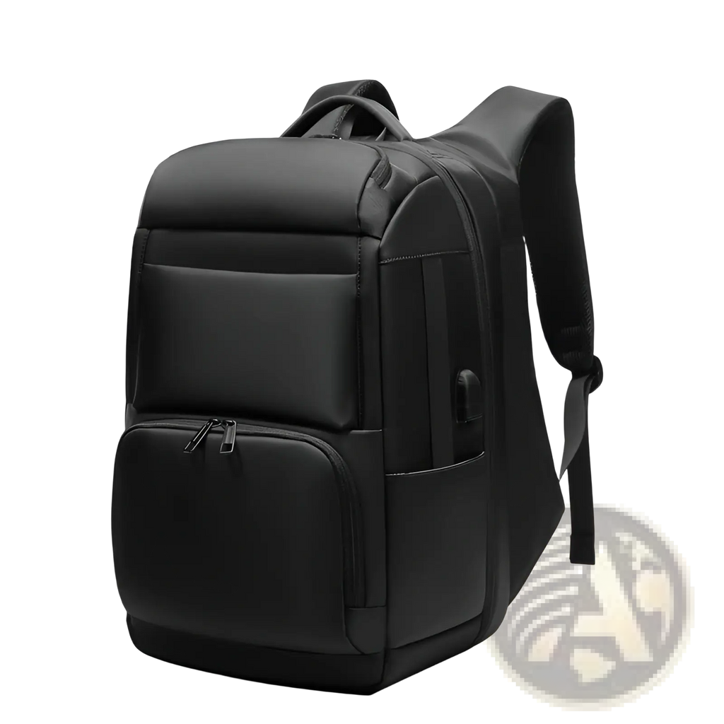 Multifunctional black nylon laptop backpack with multiple zippered compartments for business and travel use