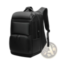 Multifunctional black nylon laptop backpack with multiple zippered compartments for business and travel use
