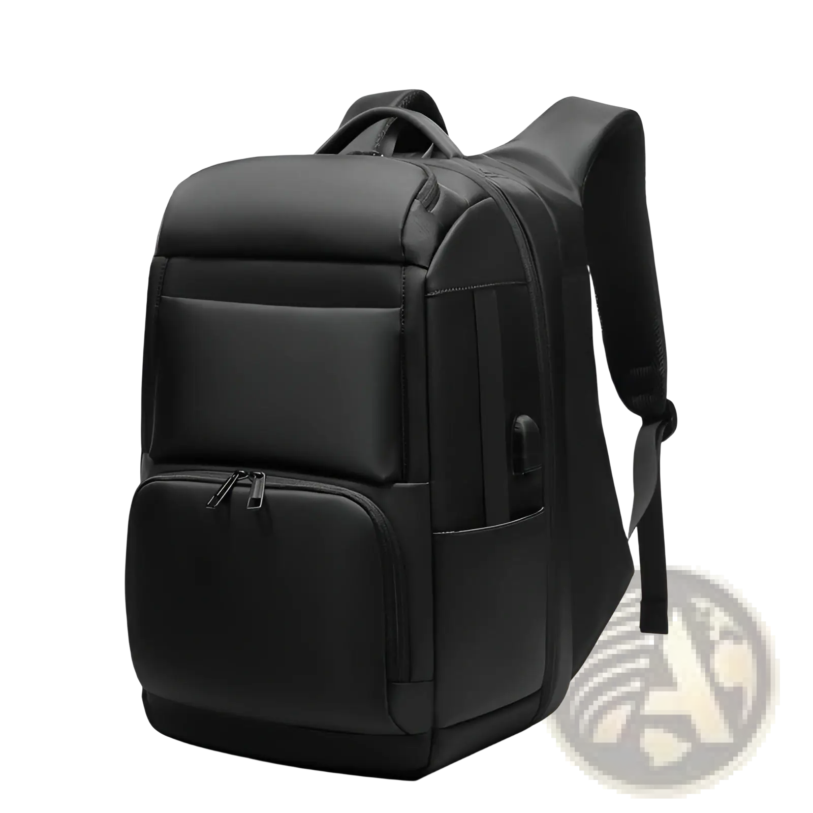Multifunctional black nylon laptop backpack with multiple zippered compartments for business and travel use