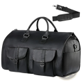 Black leather multifunctional travel duffel bag with two front flap pockets and detachable shoulder strap