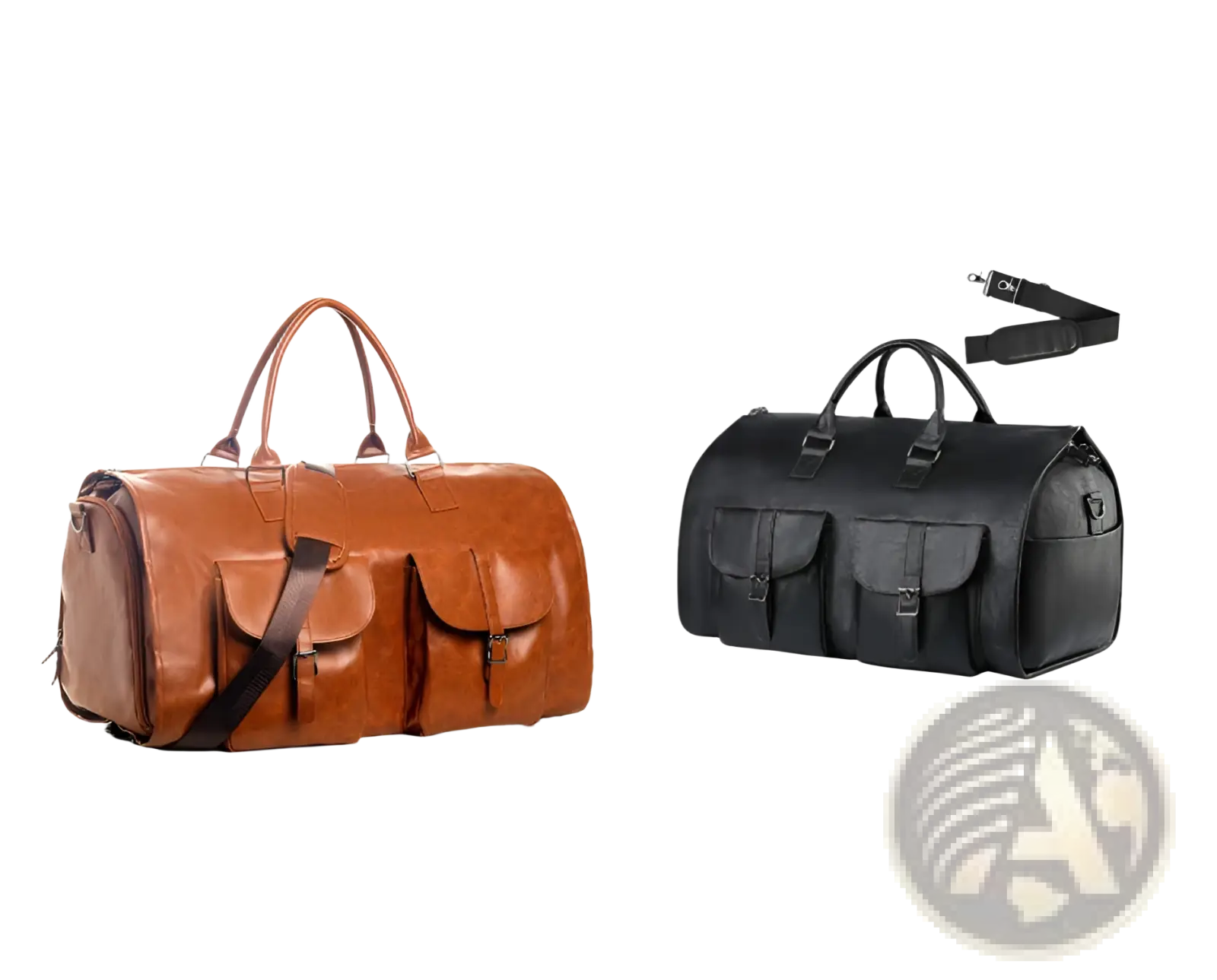 Multifunctional brown leather and canvas folding travel duffel bag with two front pockets and detachable shoulder strap