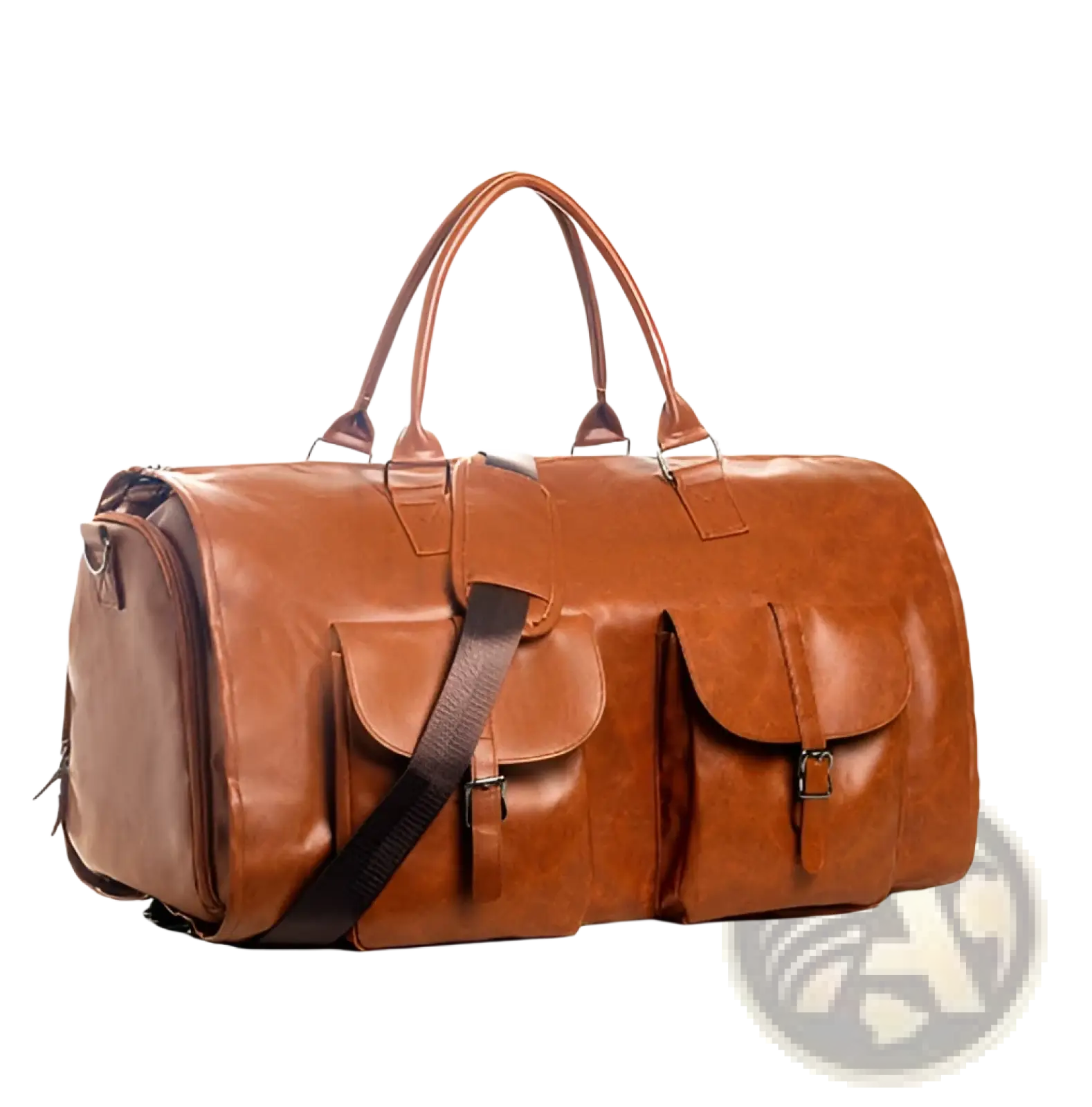 Multifunctional canvas and brown leather folding travel duffel bag with two front flap pockets and detachable strap
