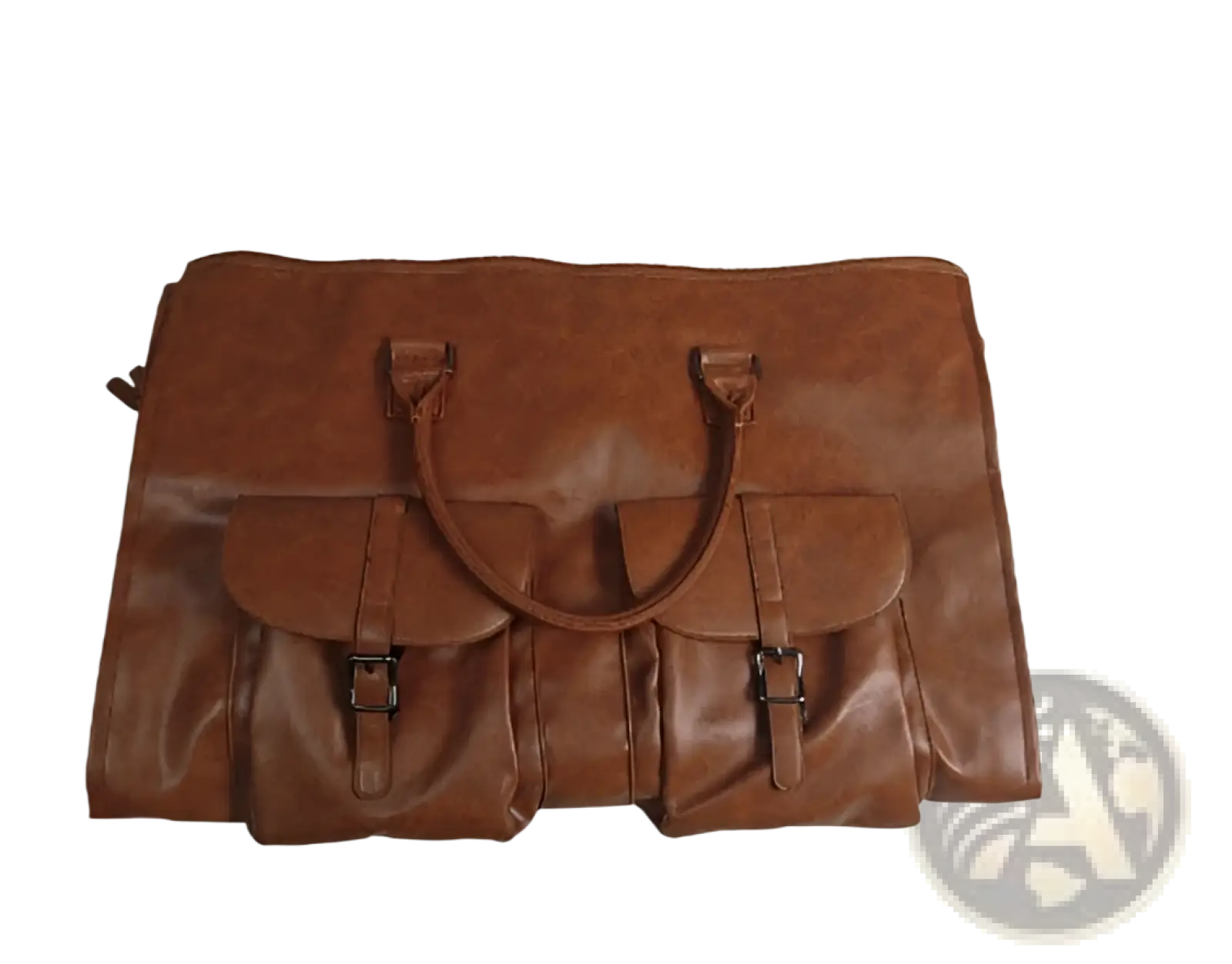 Brown leather satchel with two front flap pockets and metal buckles featured in multifunctional canvas and leather folding travel duffel bag