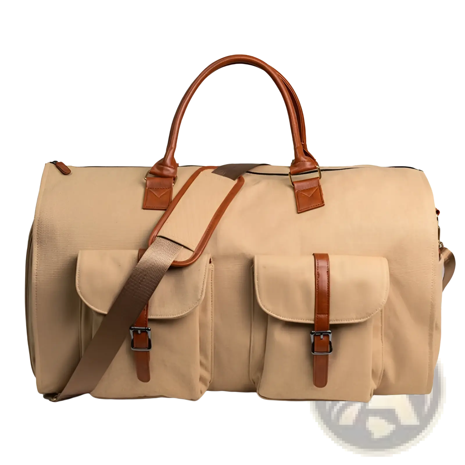 Beige multifunctional canvas and leather folding travel duffel bag with brown leather handles and front buckle pockets