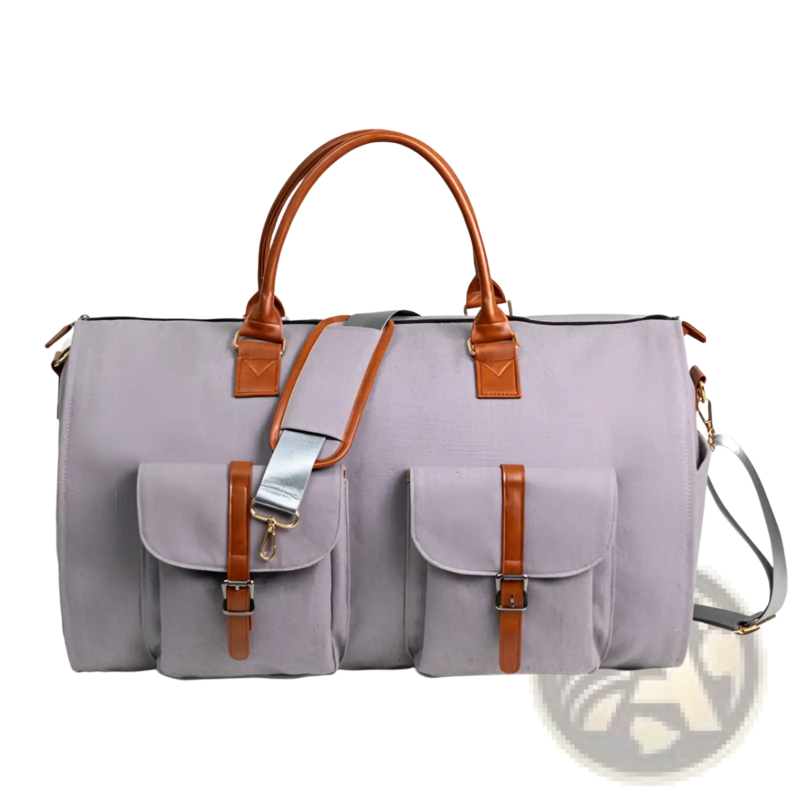 Light gray canvas and leather folding travel duffel bag with tan leather handles and two front flap pockets