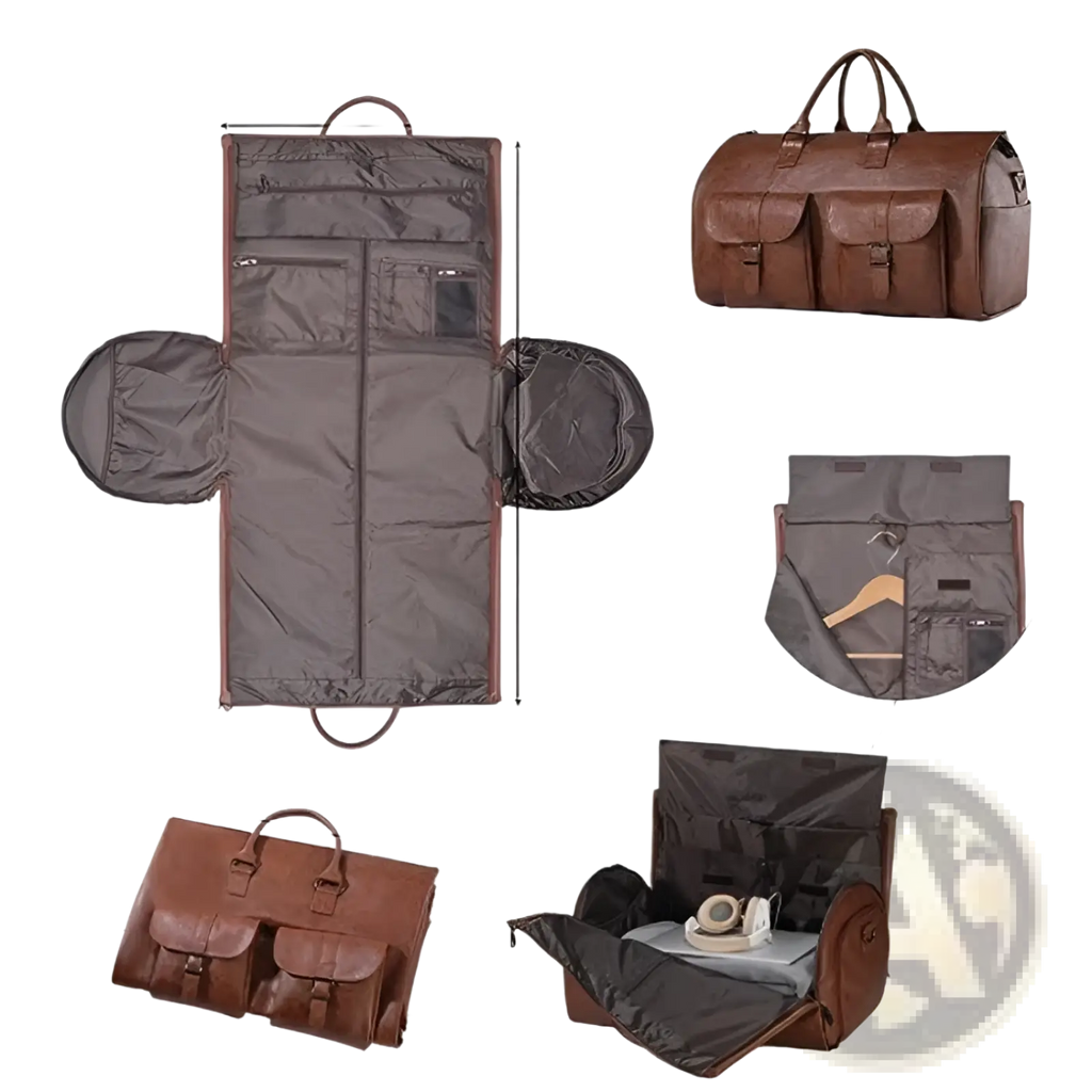Brown leather multifunctional garment bag with multiple compartments and built-in hanger for travel use