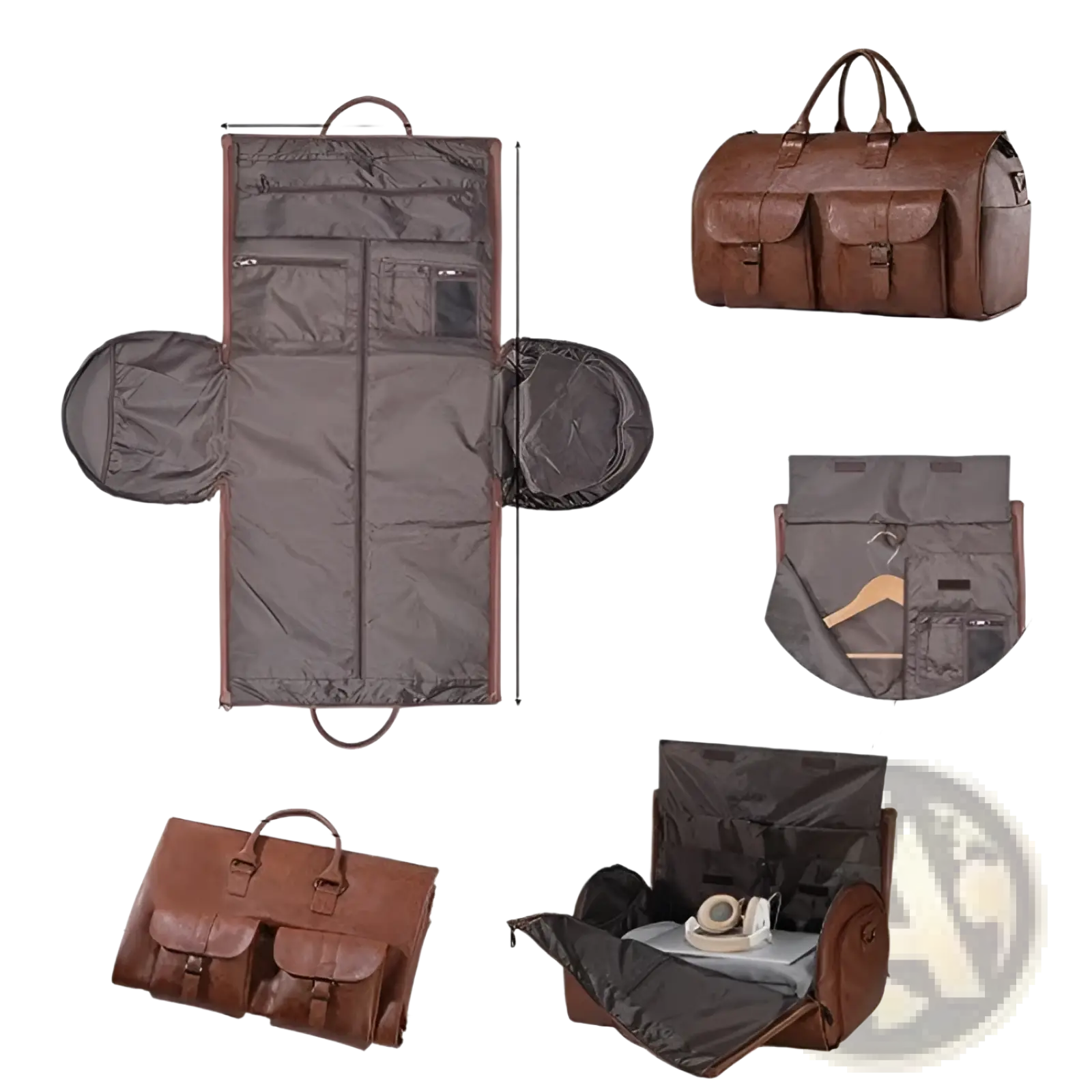 Brown leather multifunctional garment bag with multiple compartments and built-in hanger for travel use