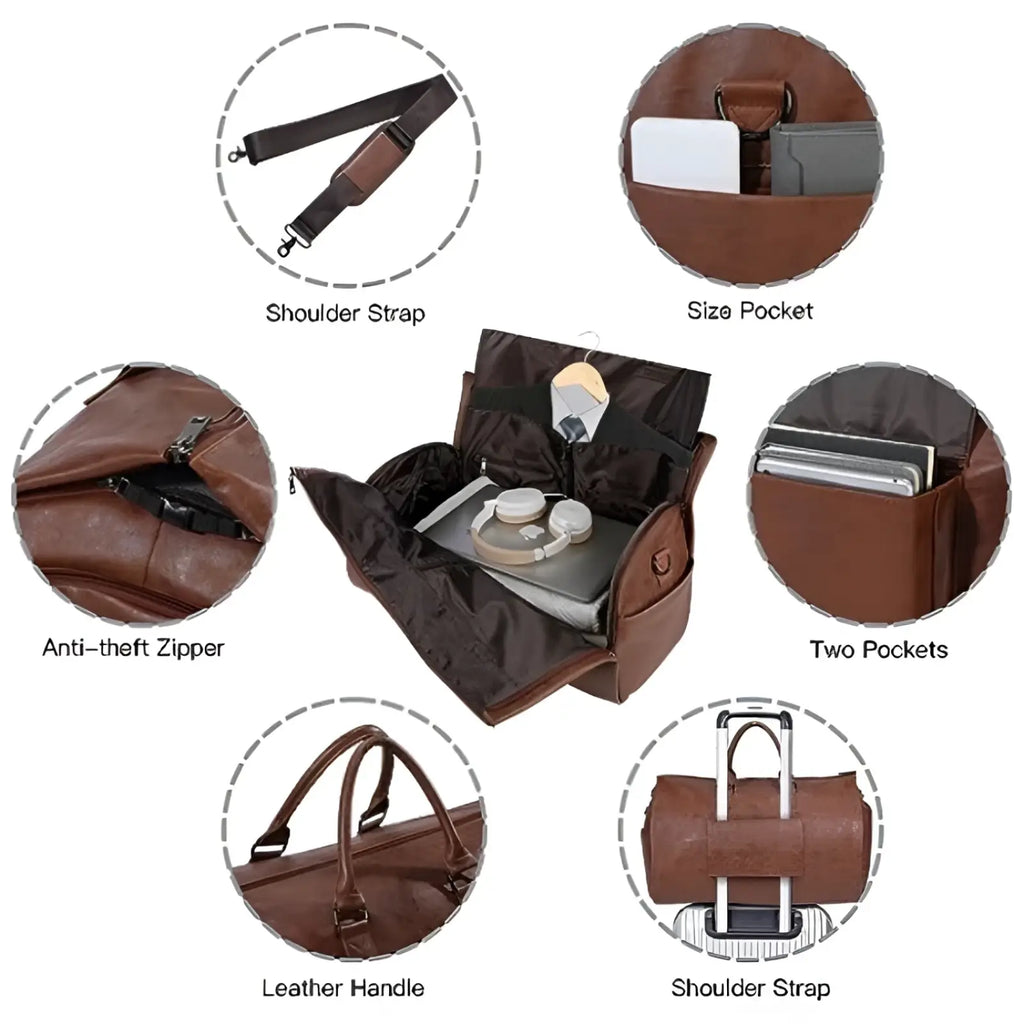 Brown leather multifunctional canvas and leather folding travel duffel bag with multiple compartments and retractable handle
