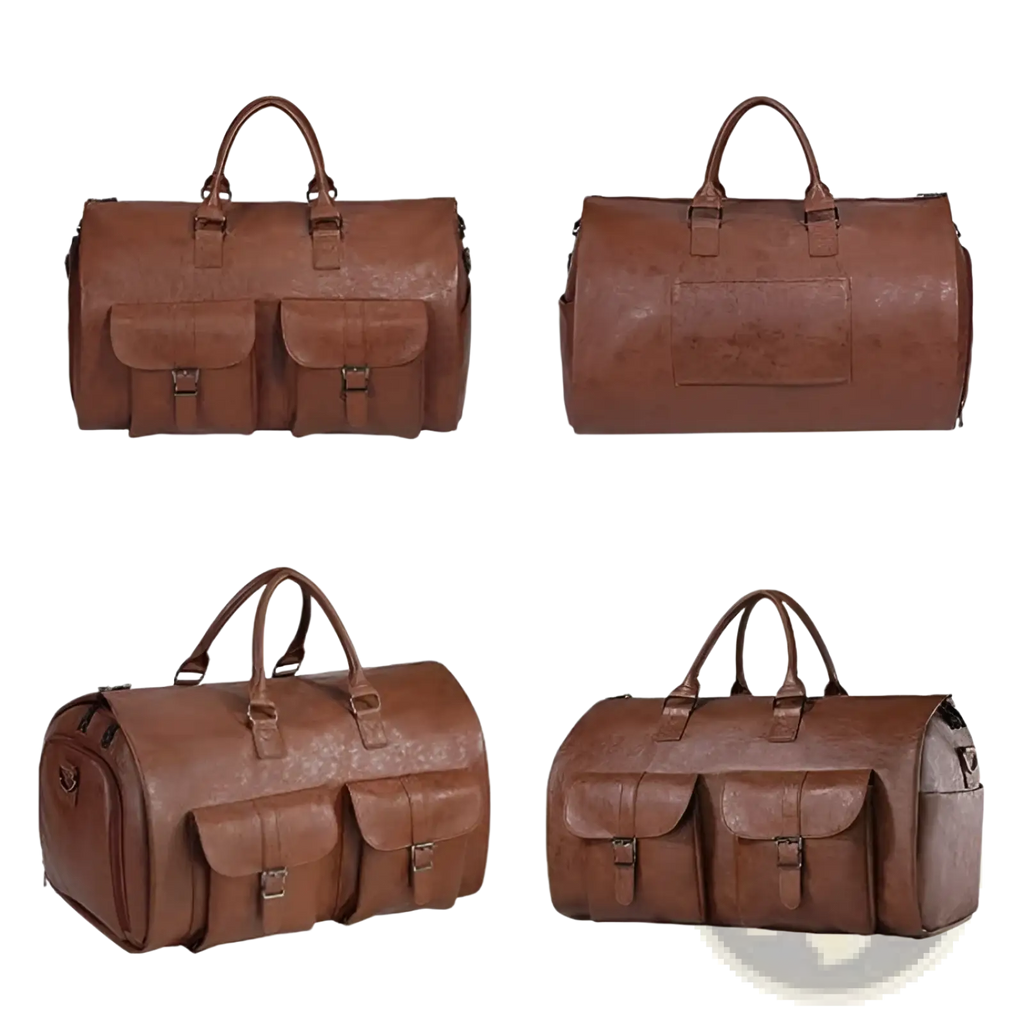 Brown leather multifunctional canvas and leather folding travel duffel bag with two front flap pockets and top handles