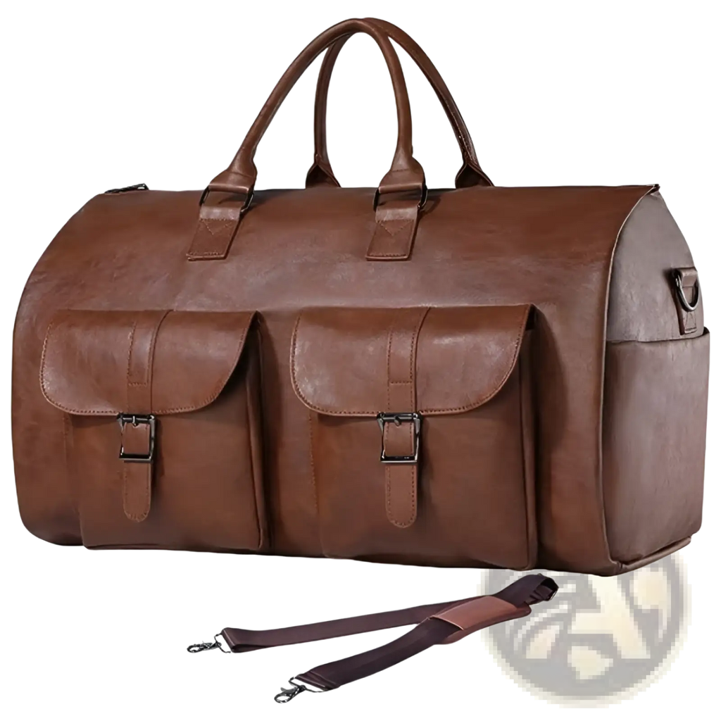 Multifunctional brown leather duffel bag with canvas folding design, two front flap pockets, and detachable shoulder strap