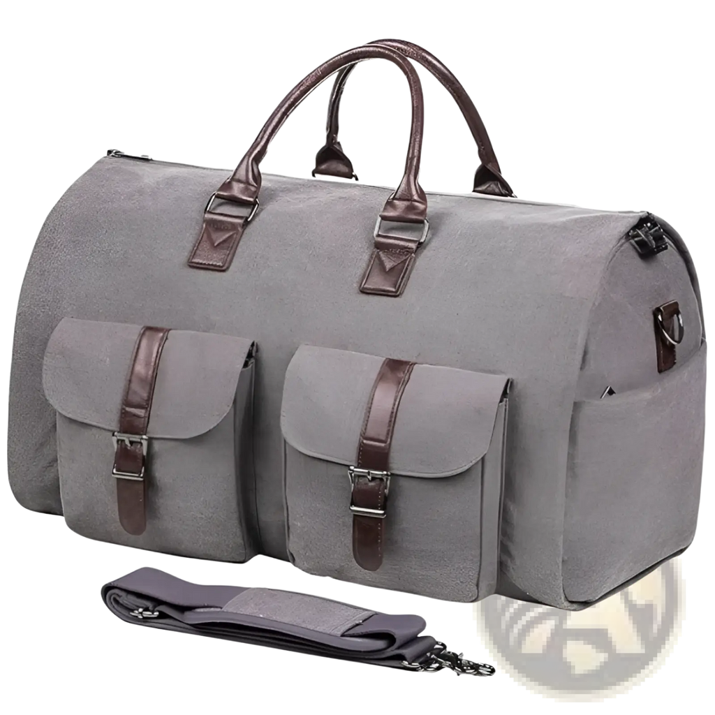 Multifunctional gray canvas and leather folding travel duffel bag with brown leather handles and front buckle pockets
