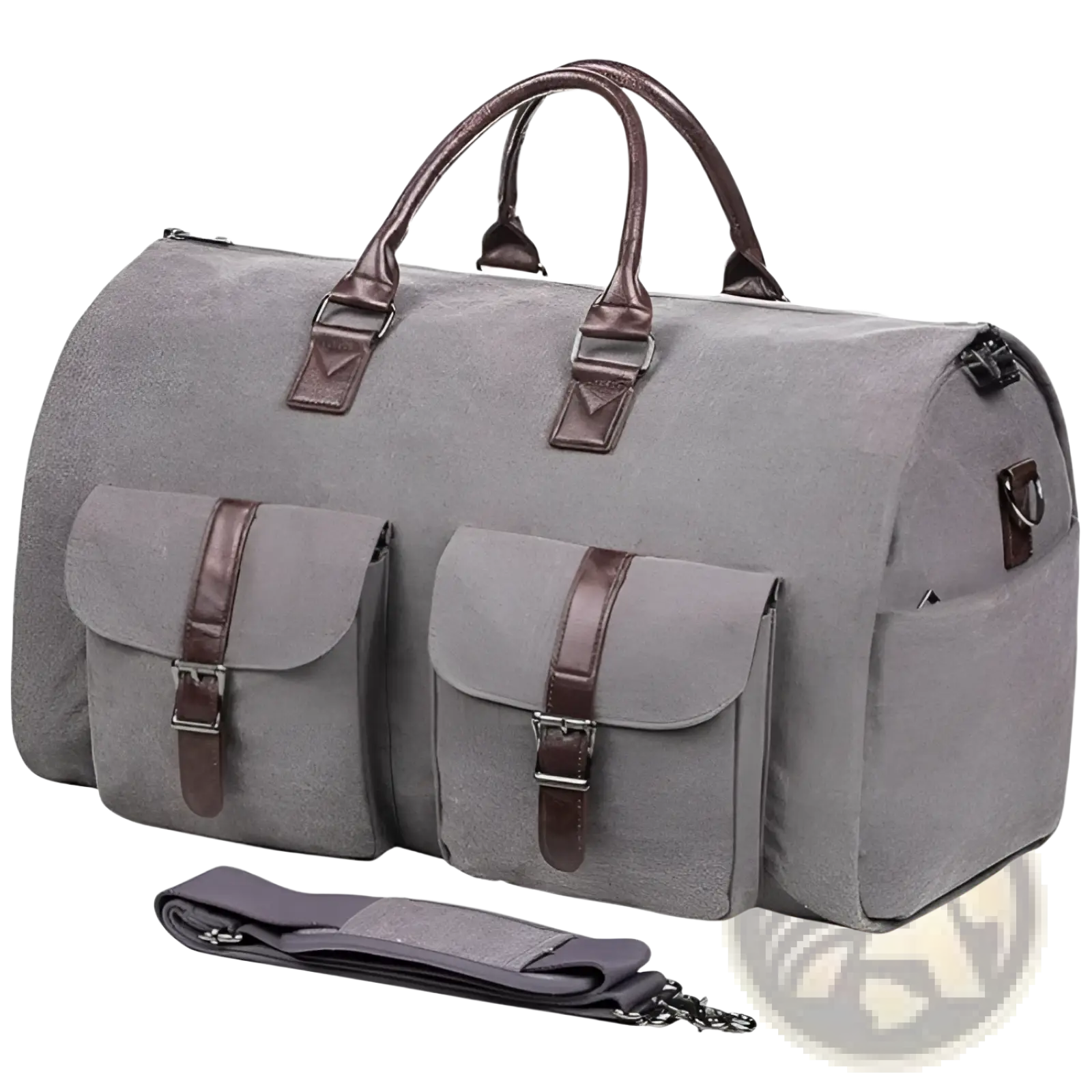 Multifunctional gray canvas and leather folding travel duffel bag with brown leather handles and front buckle pockets