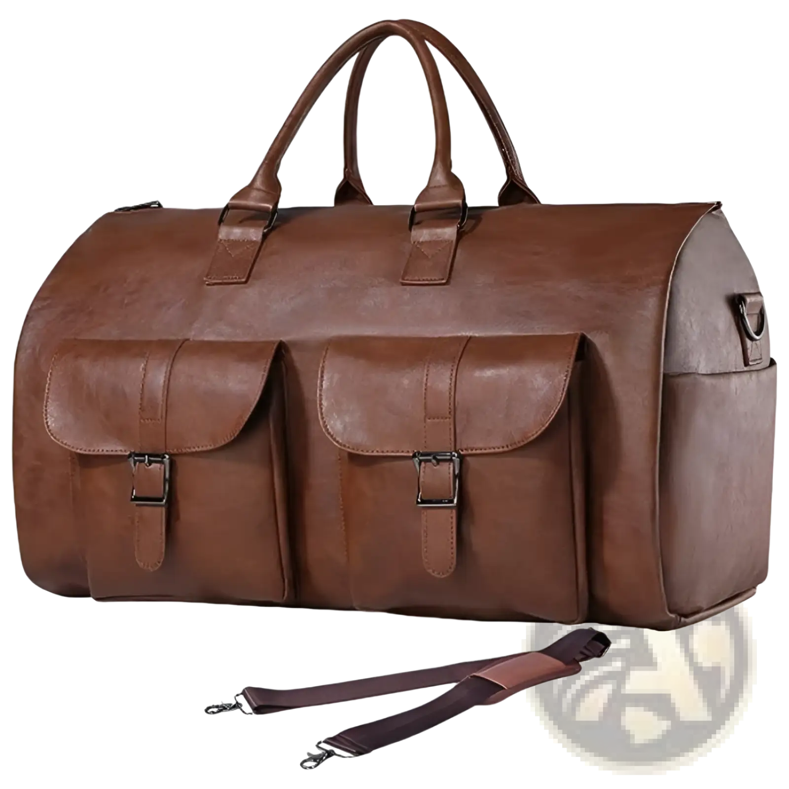 Brown leather multifunctional canvas and leather folding travel duffel bag with front flap pockets and detachable strap