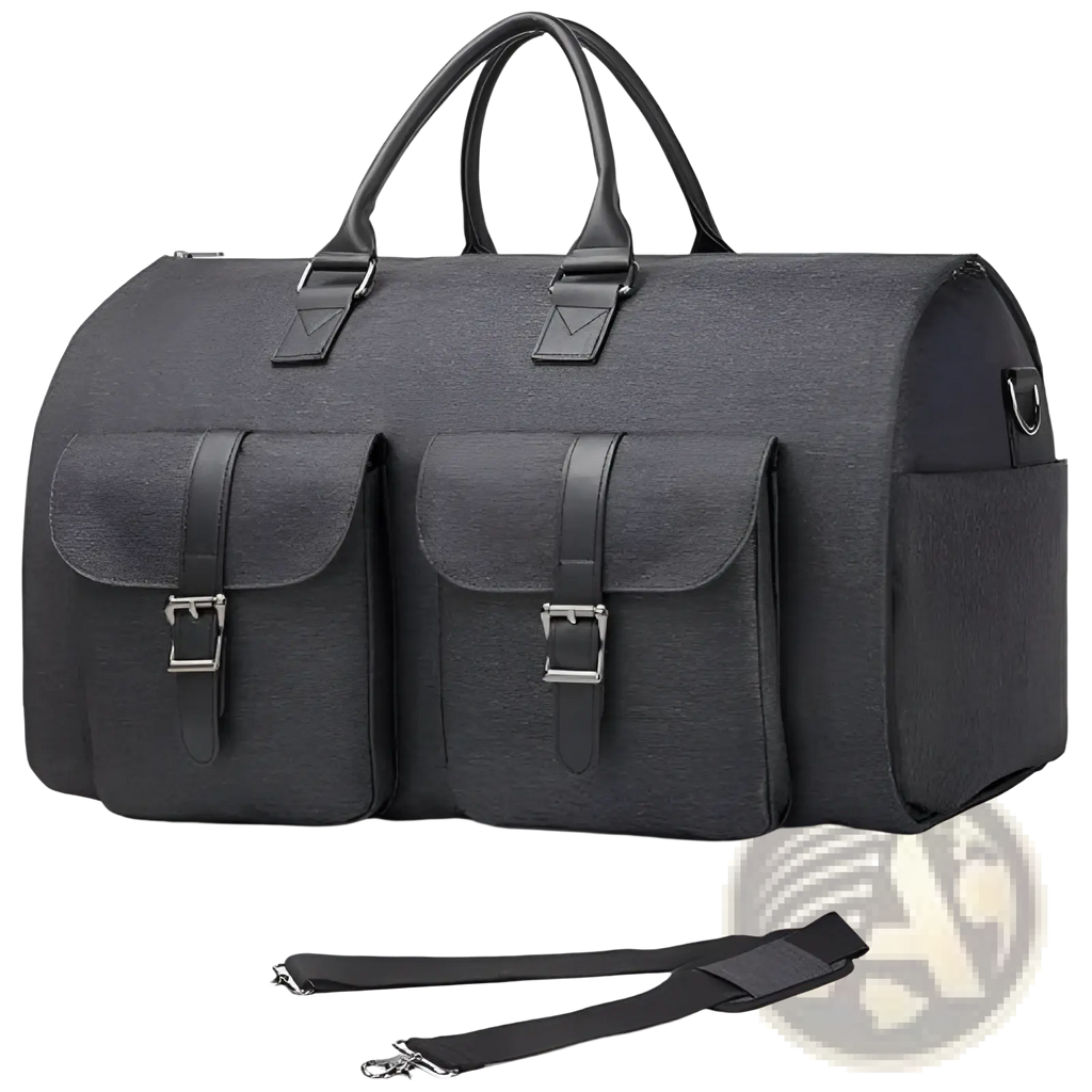 Black multifunctional canvas and leather folding travel duffel bag with leather handles and silver buckle accents