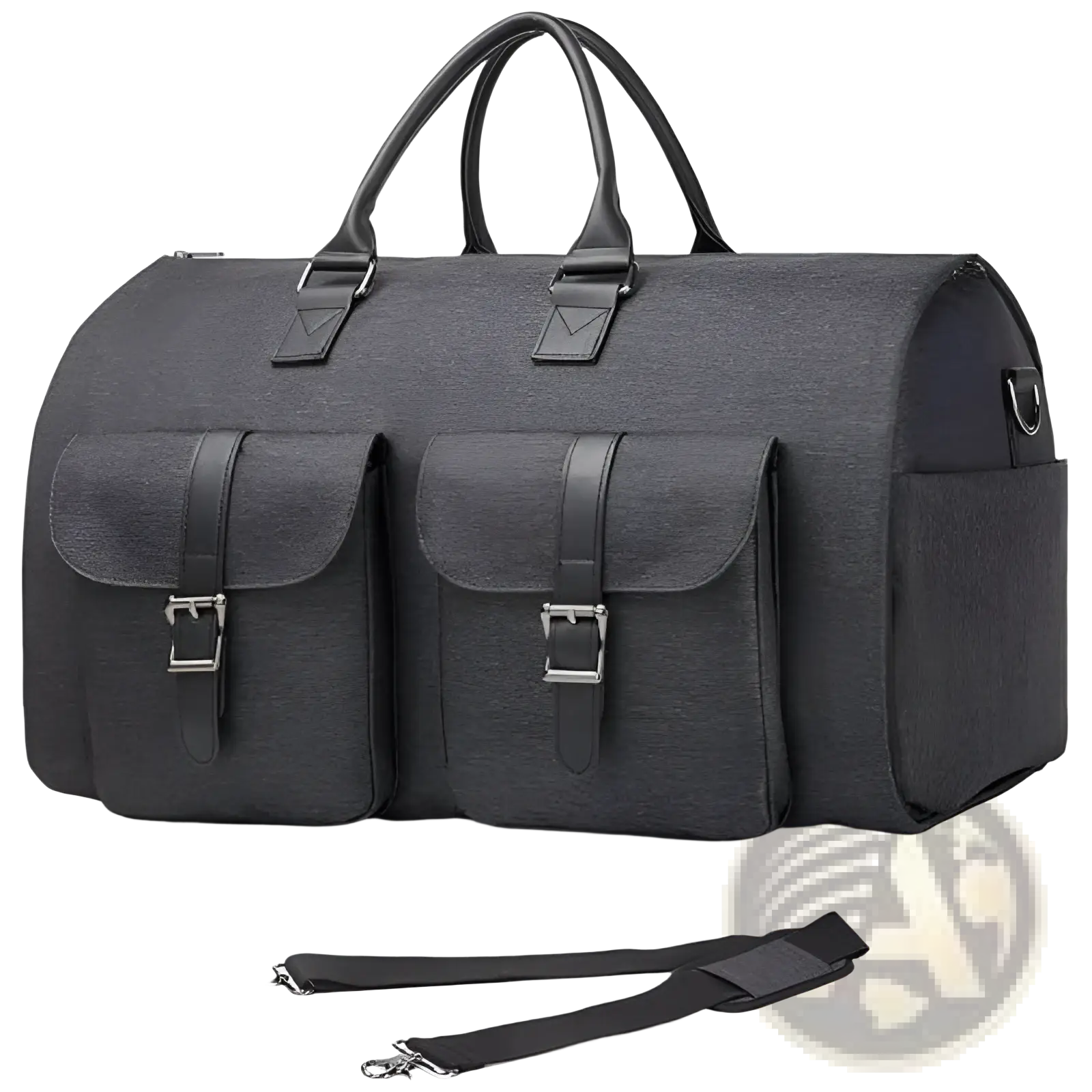 Black multifunctional canvas and leather folding travel duffel bag with leather handles and silver buckle accents