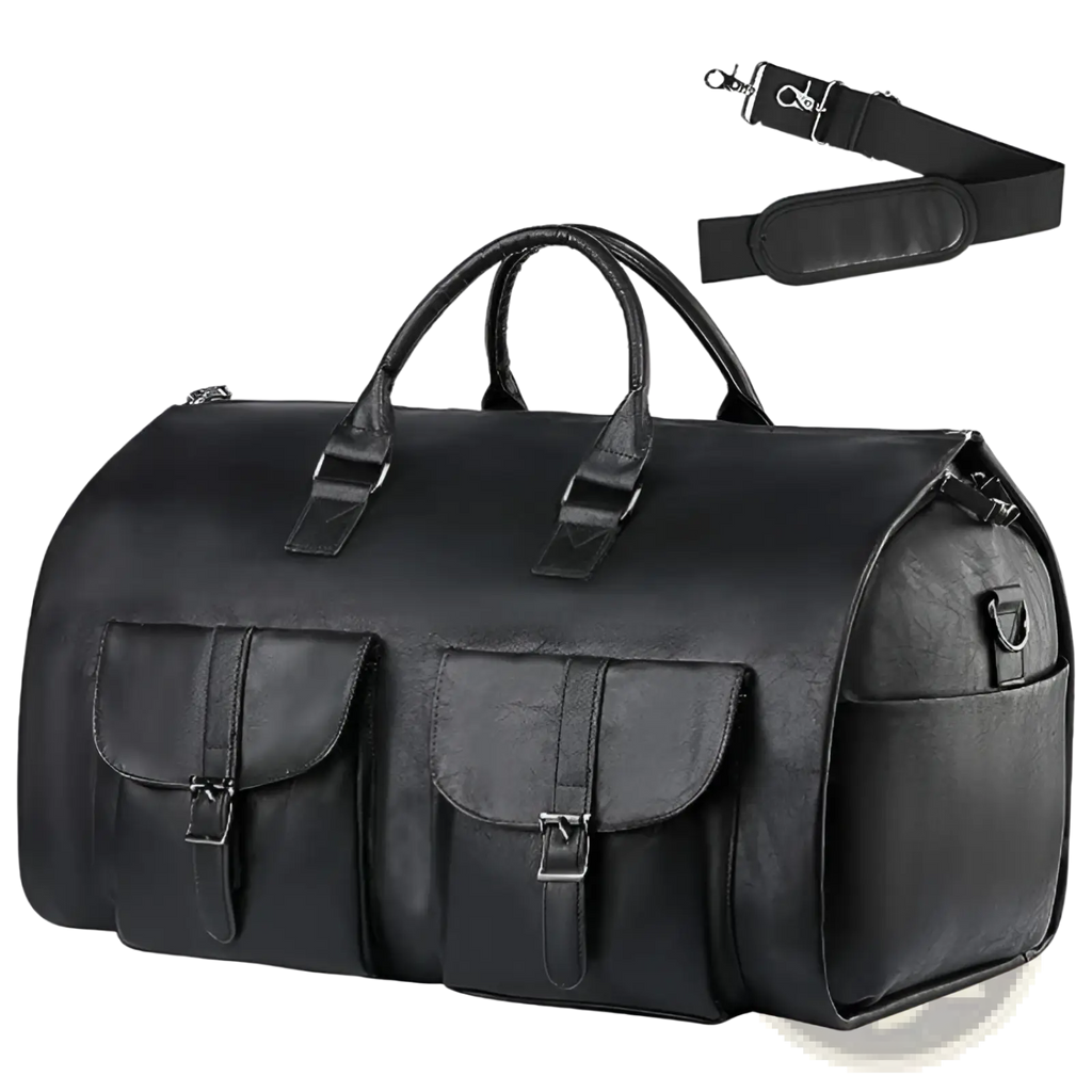 Black leather multifunctional canvas and leather folding travel duffel bag with two front flap pockets and detachable shoulder strap