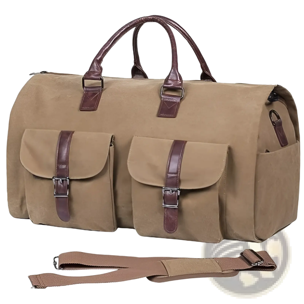 Tan multifunctional canvas and leather folding travel duffel bag with brown leather handles and two front buckle pockets