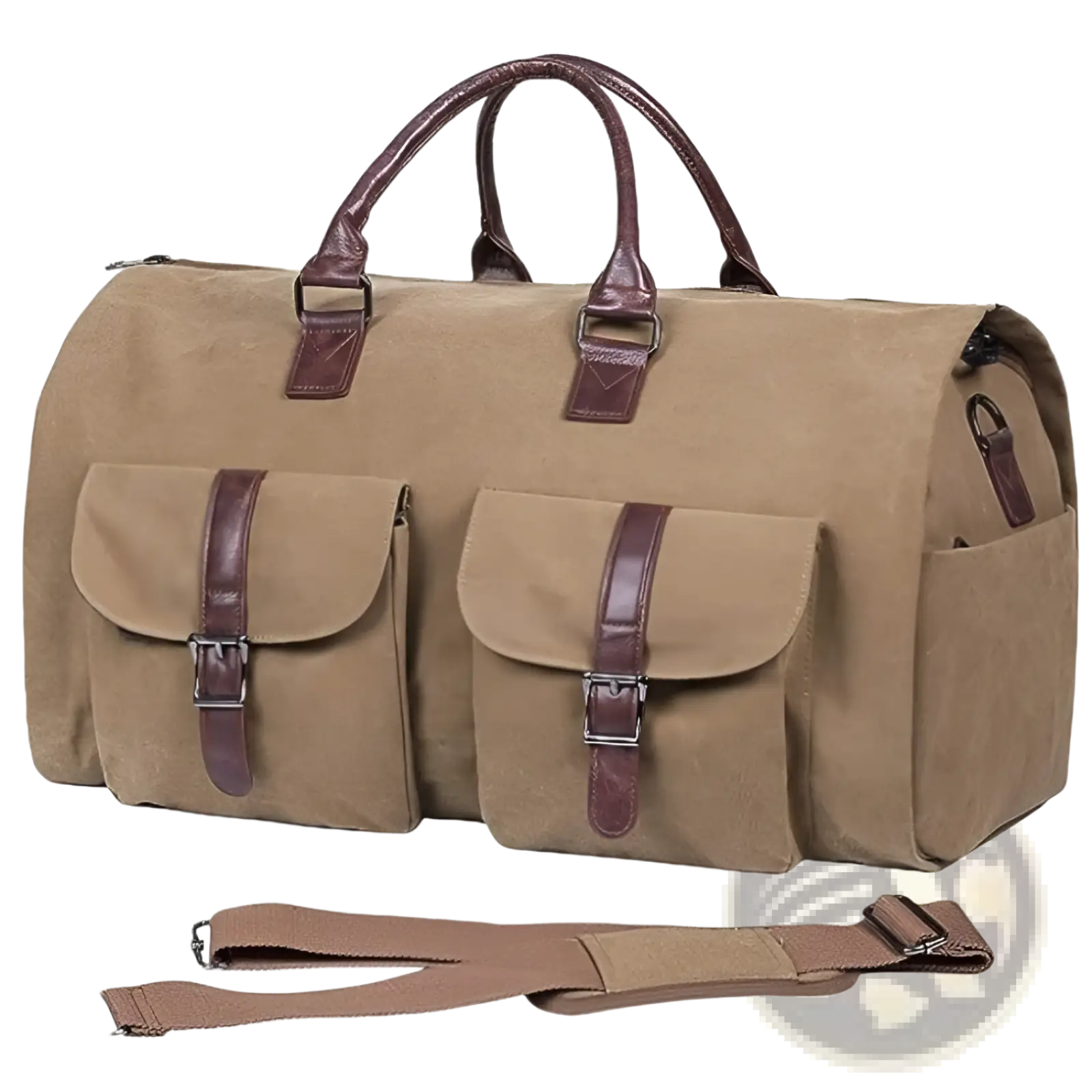 Tan multifunctional canvas and leather folding travel duffel bag with brown leather handles and two front buckle pockets