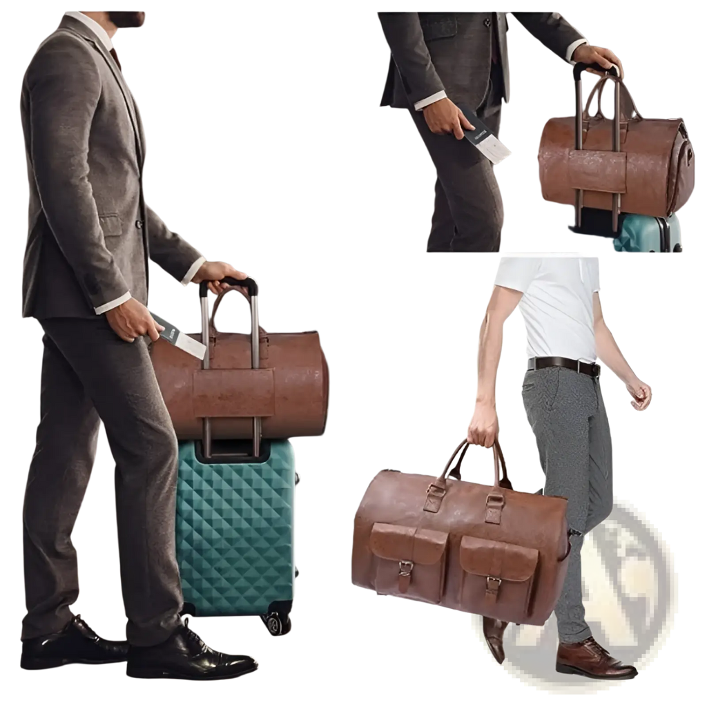 Brown leather rolling duffel bag with two front pockets and retractable handle for multifunctional travel use