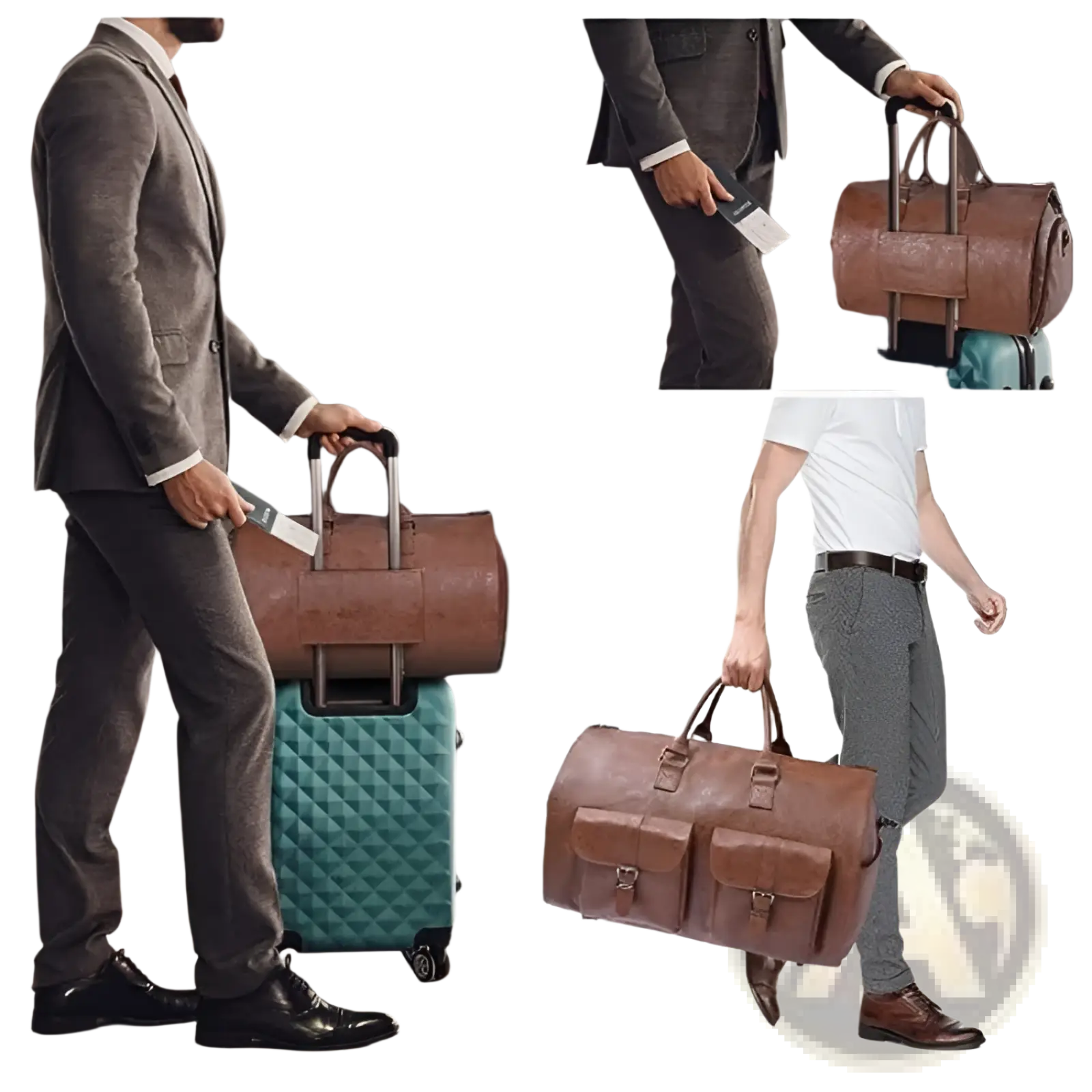 Brown leather rolling duffel bag with two front pockets and retractable handle for multifunctional travel use