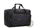 Multifunctional cracked pattern nylon travel duffel bag in black with vibrant yellow and blue crackle pattern and sturdy handles