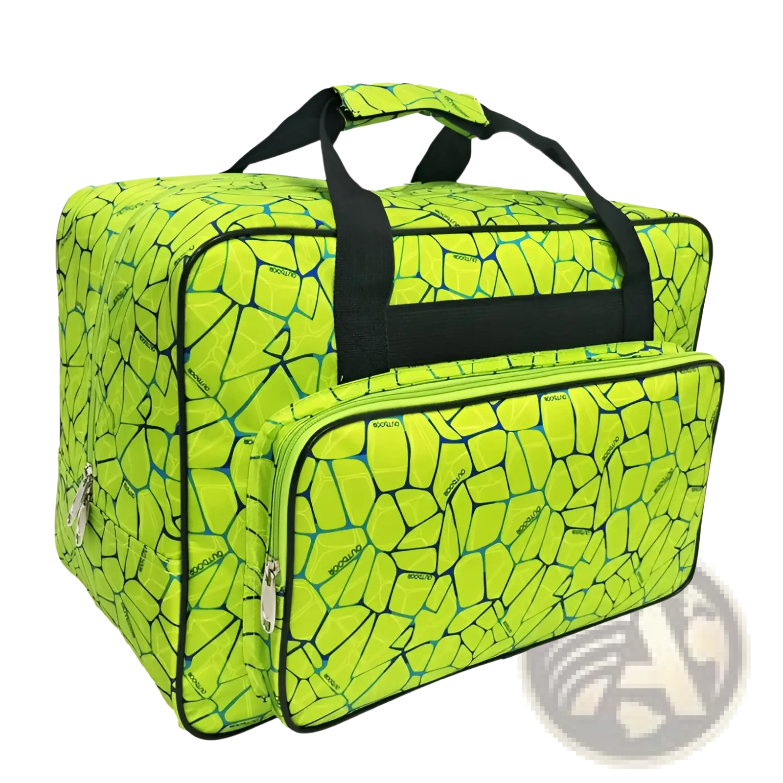 Vibrant lime green multifunctional cracked pattern nylon travel duffel bag with black trim and multiple zippers