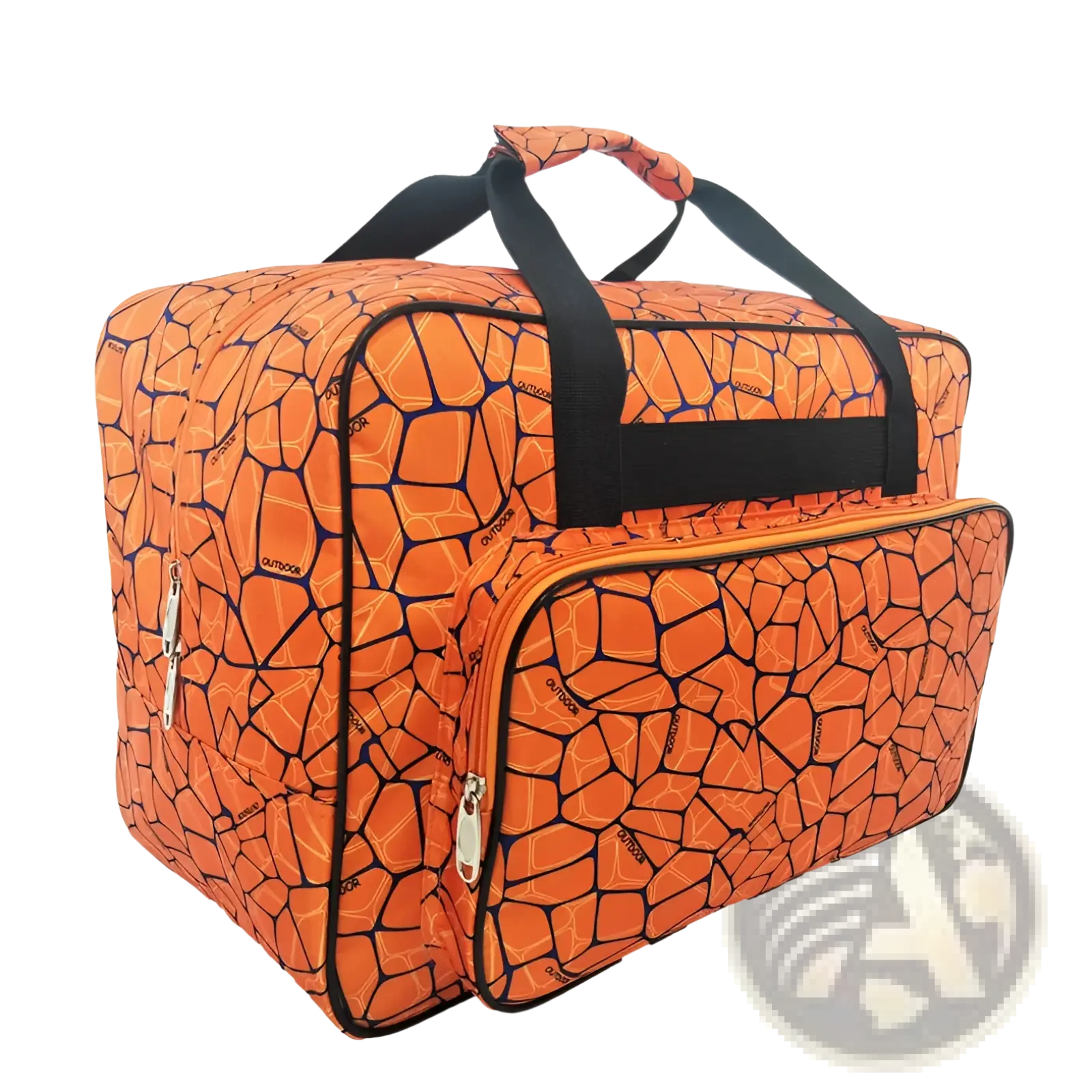 Orange multifunctional nylon travel duffel bag with cracked stone pattern black trim sturdy handles and zippers