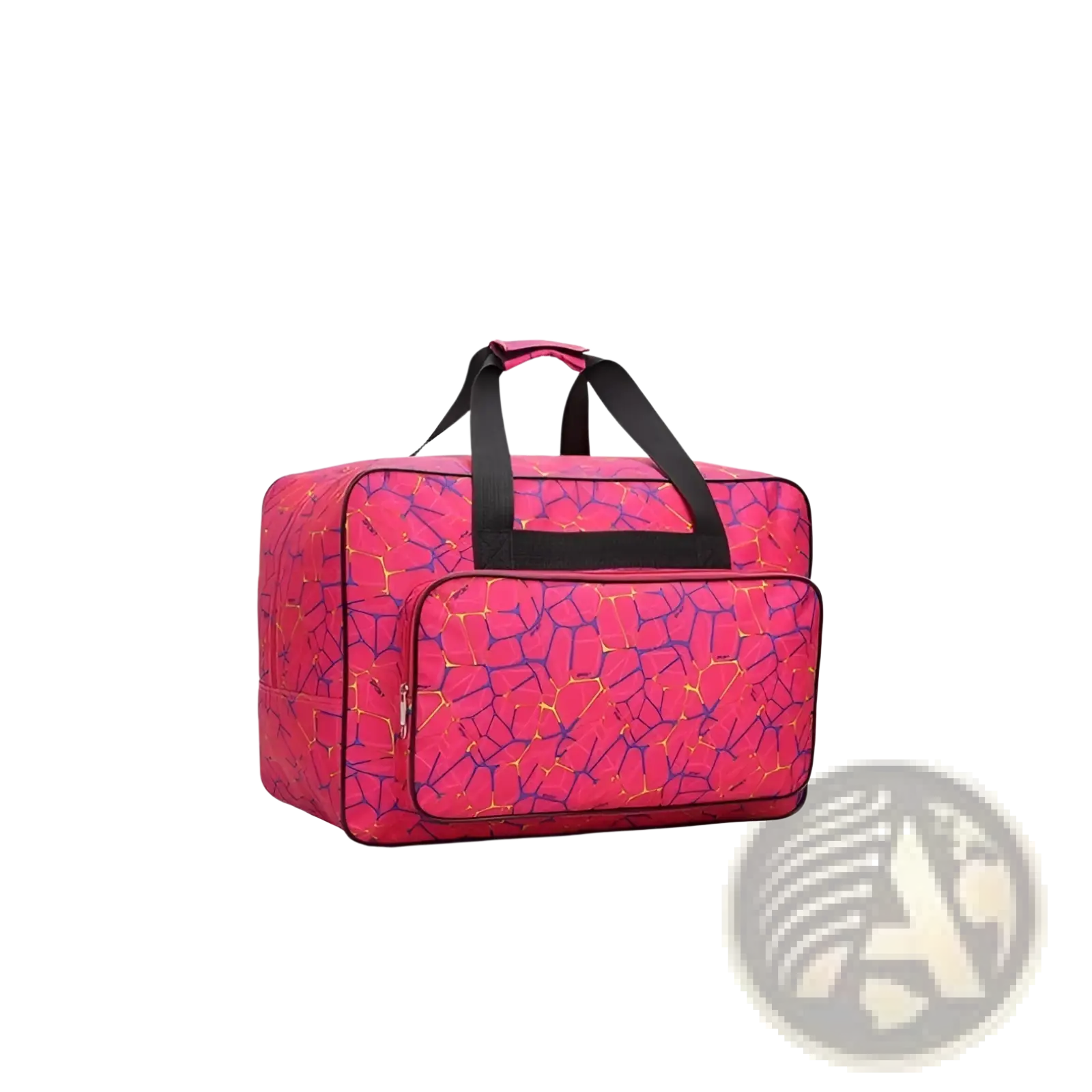 A vibrant pink multifunctional nylon travel duffel bag with cracked glass pattern in purple and yellow featuring black handles