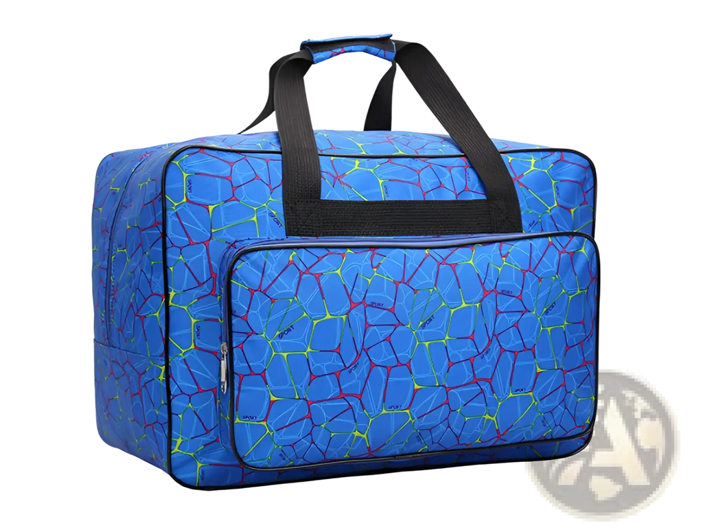 Blue multifunctional nylon travel duffel bag with vibrant red and yellow cracked pattern and black handles and trim